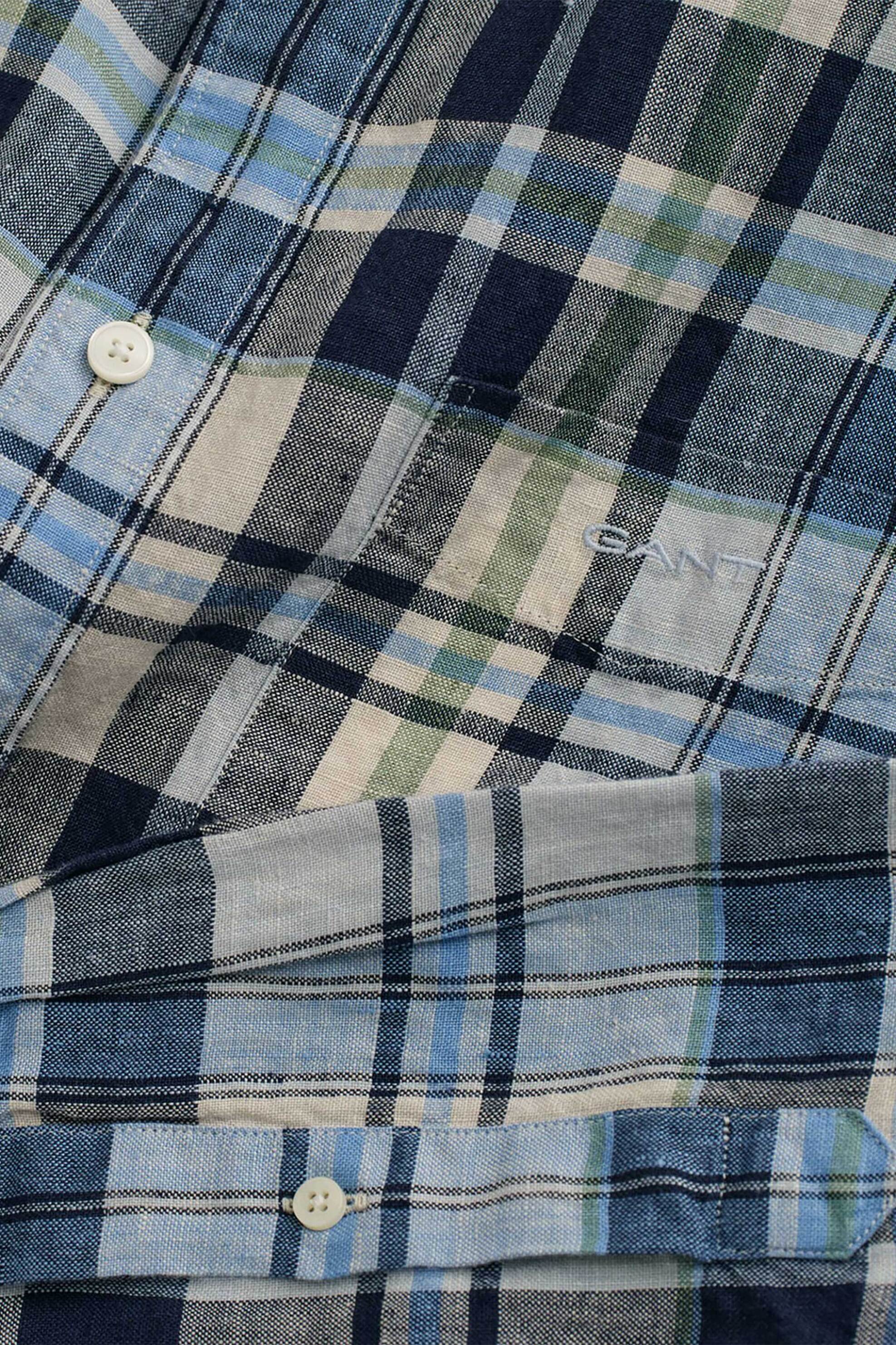 Gant Ανδρικό Λινό Πουκάμισο Button Down με Καρό Σχέδιο Τσέπη Και Λογότυπο Regular Fit - 3230092 Μπλε Marine