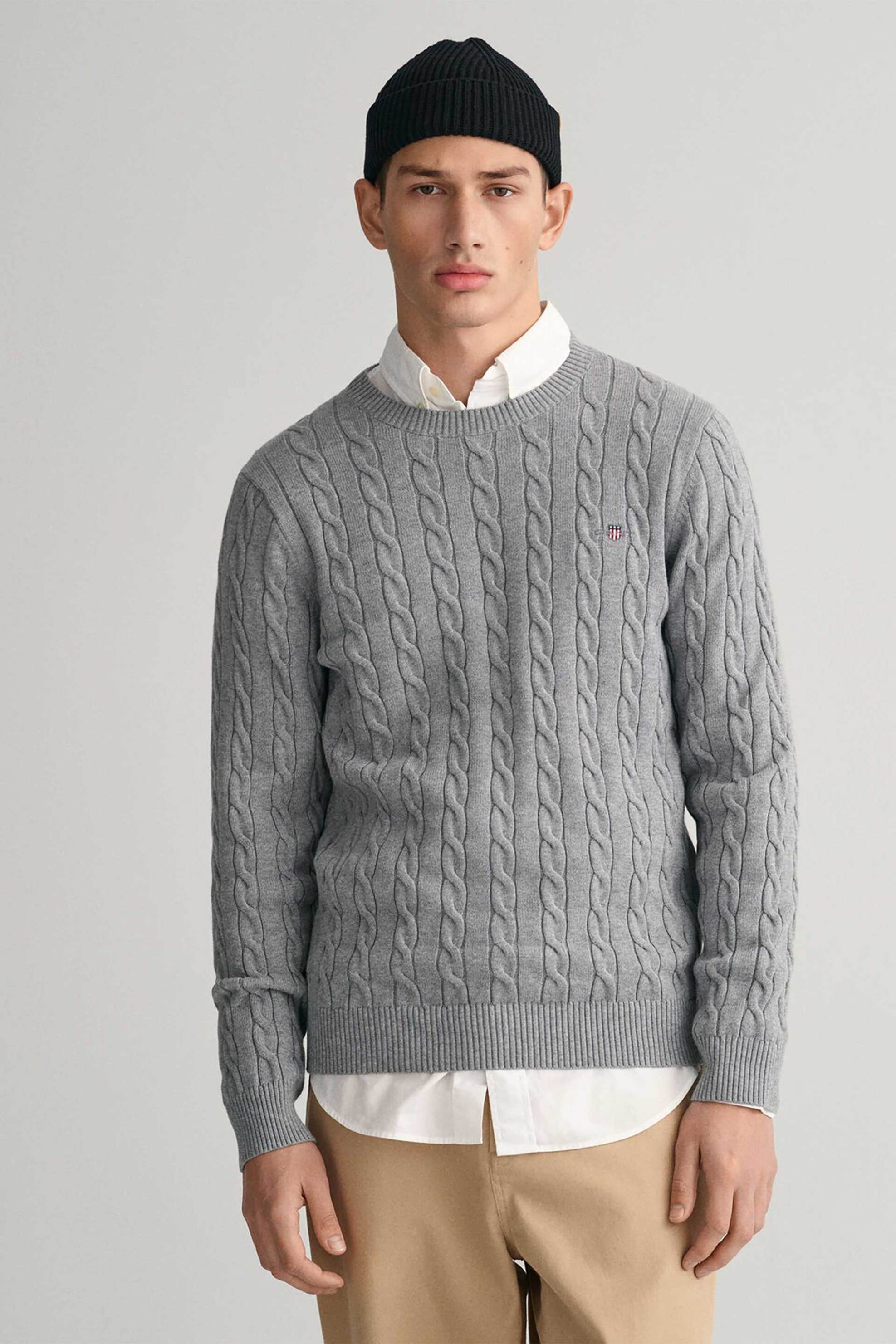 Gant ανδρικό πουλόβερ με cable knit pattern και κεντημένο λογότυπο Regular Fit - 8050601 Γκρι