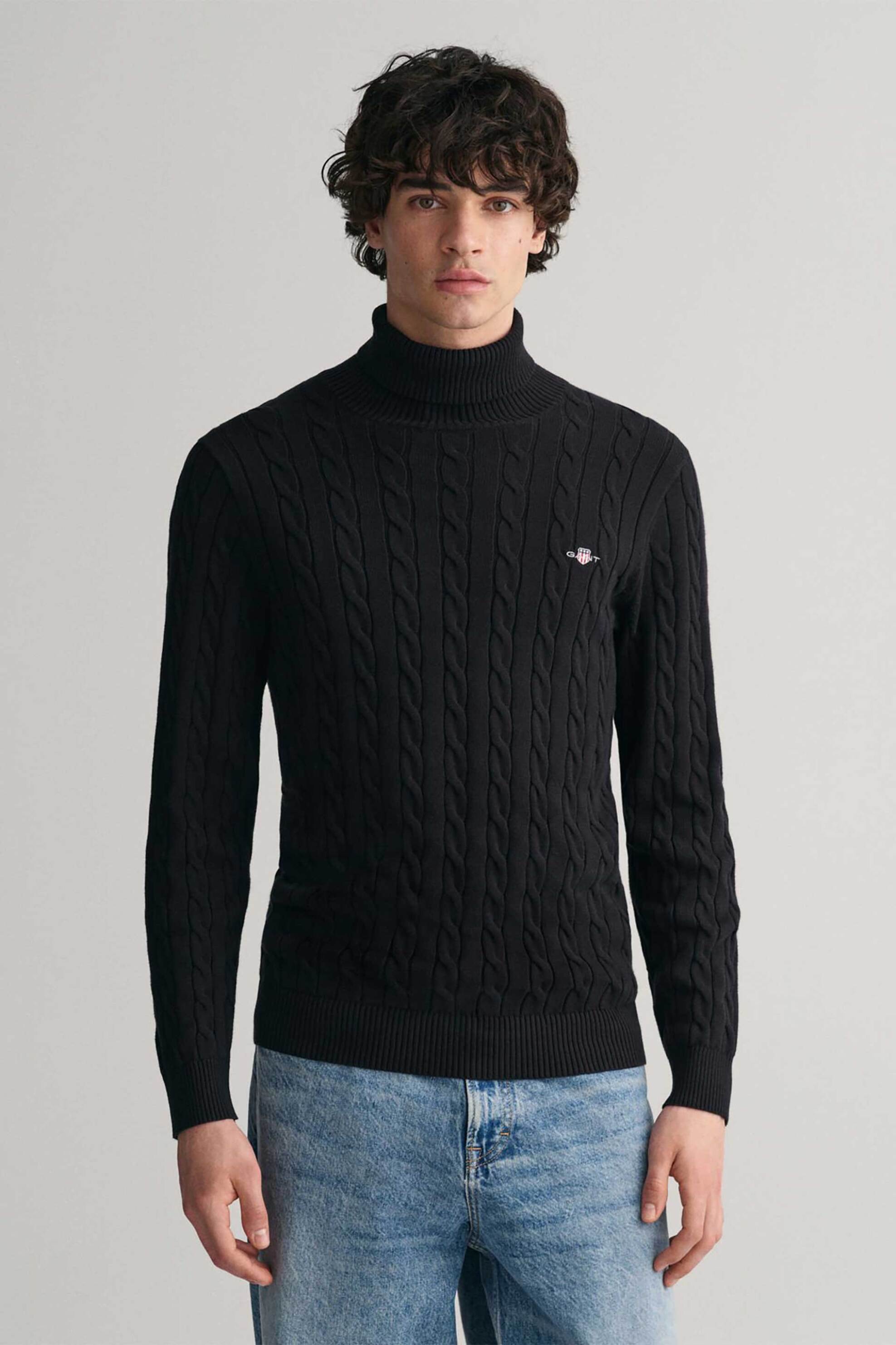 Gant ανδρική πλεκτή μπλούζα ζιβάγκο με cable knit pattern και κεντημένο λογότυπο Regular Fit - 8050607 Μαύρο
