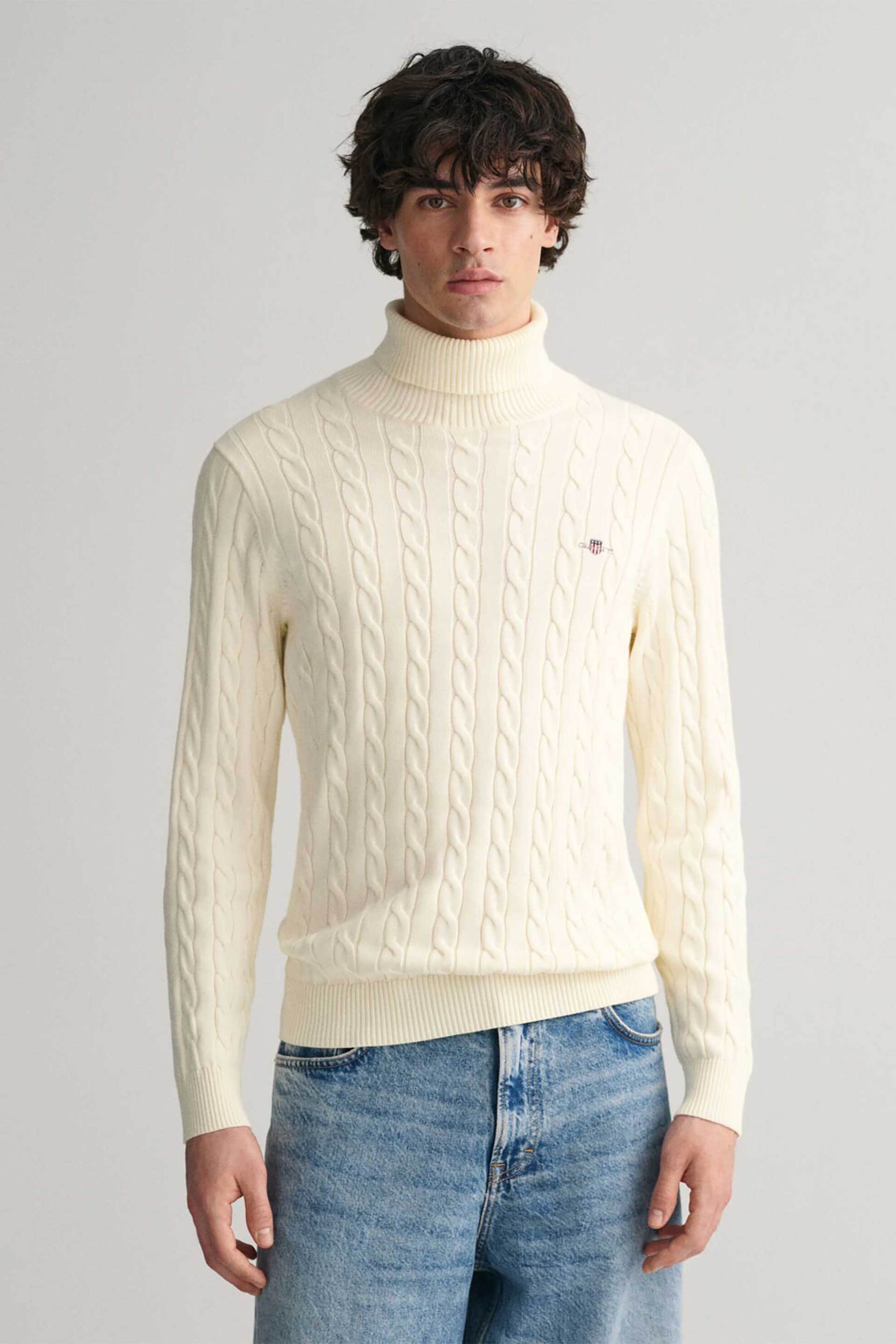 Gant ανδρική πλεκτή μπλούζα ζιβάγκο με cable knit pattern και κεντημένο λογότυπο Regular Fit - 8050607 Κρέμ