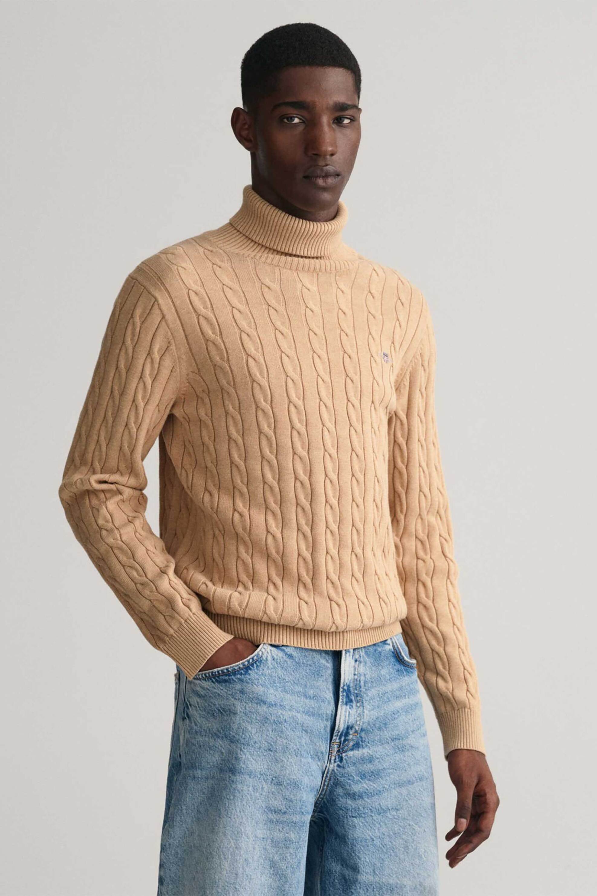 Gant ανδρική πλεκτή μπλούζα ζιβάγκο με cable knit pattern και κεντημένο λογότυπο Regular Fit - 8050607 Καφέ Ανοιχτό