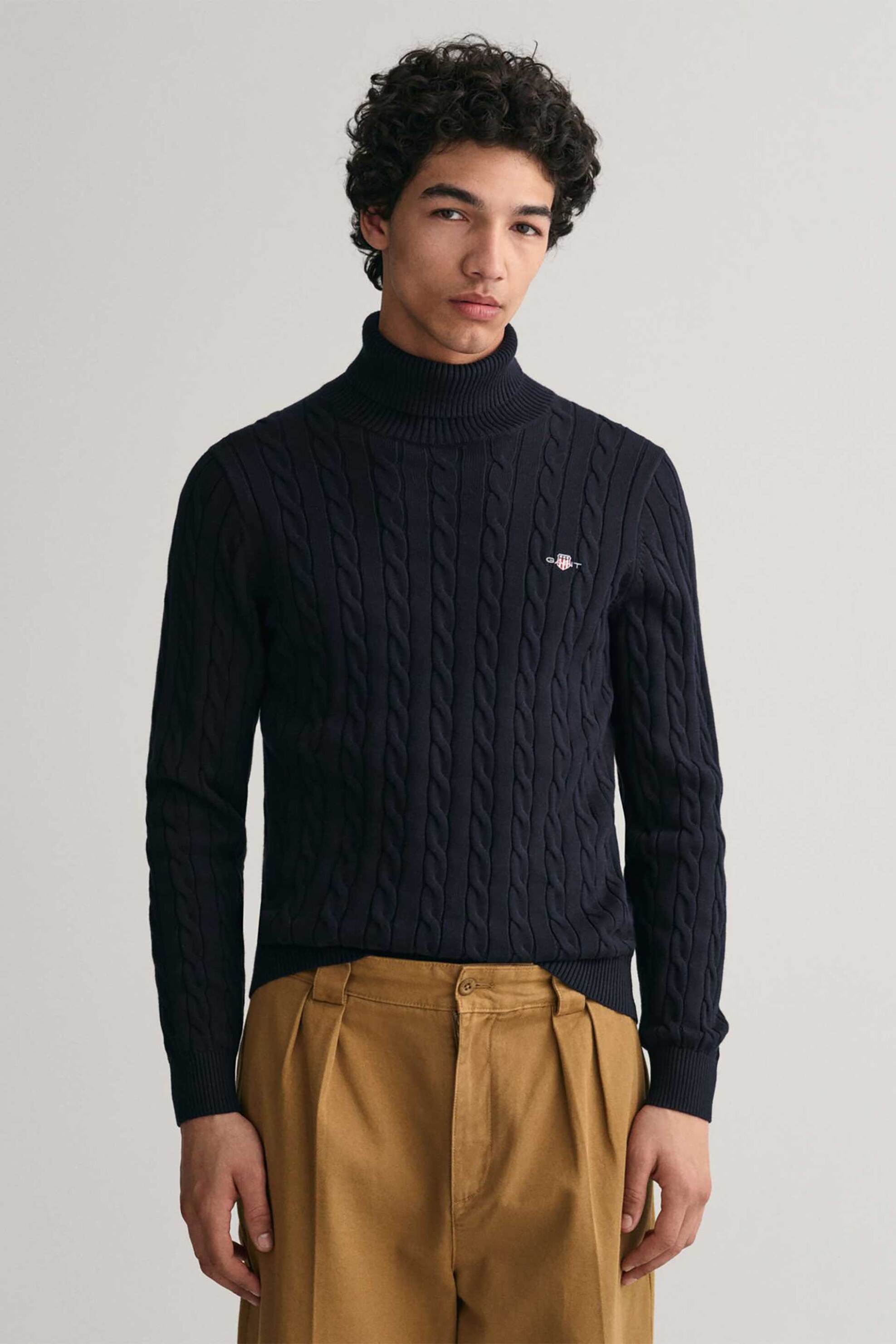 Gant ανδρική πλεκτή μπλούζα ζιβάγκο με cable knit pattern και κεντημένο λογότυπο Regular Fit - 8050607 Μπλε Σκούρο