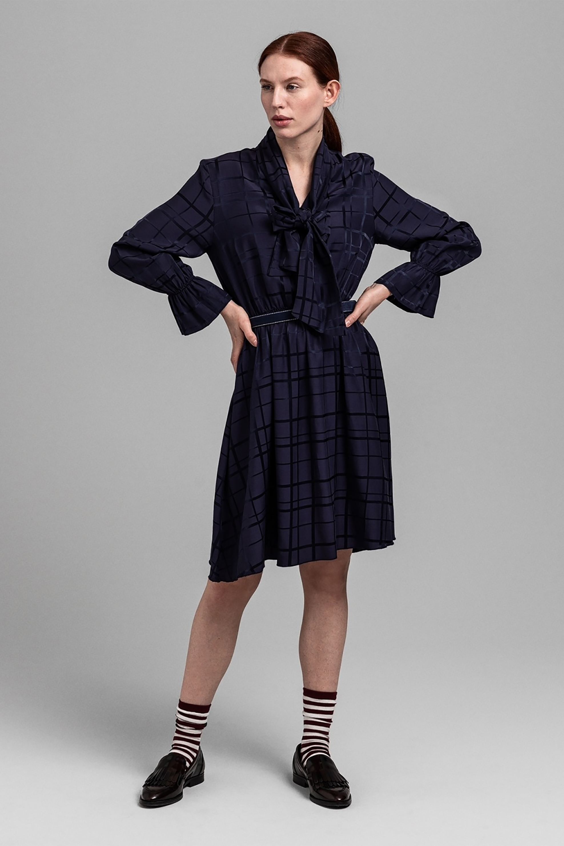 Gant Γυναικείο Φόρεμα Flared με Καρό Σχέδιο Structured Βow Τie - 4503105 Μπλε Σκούρο