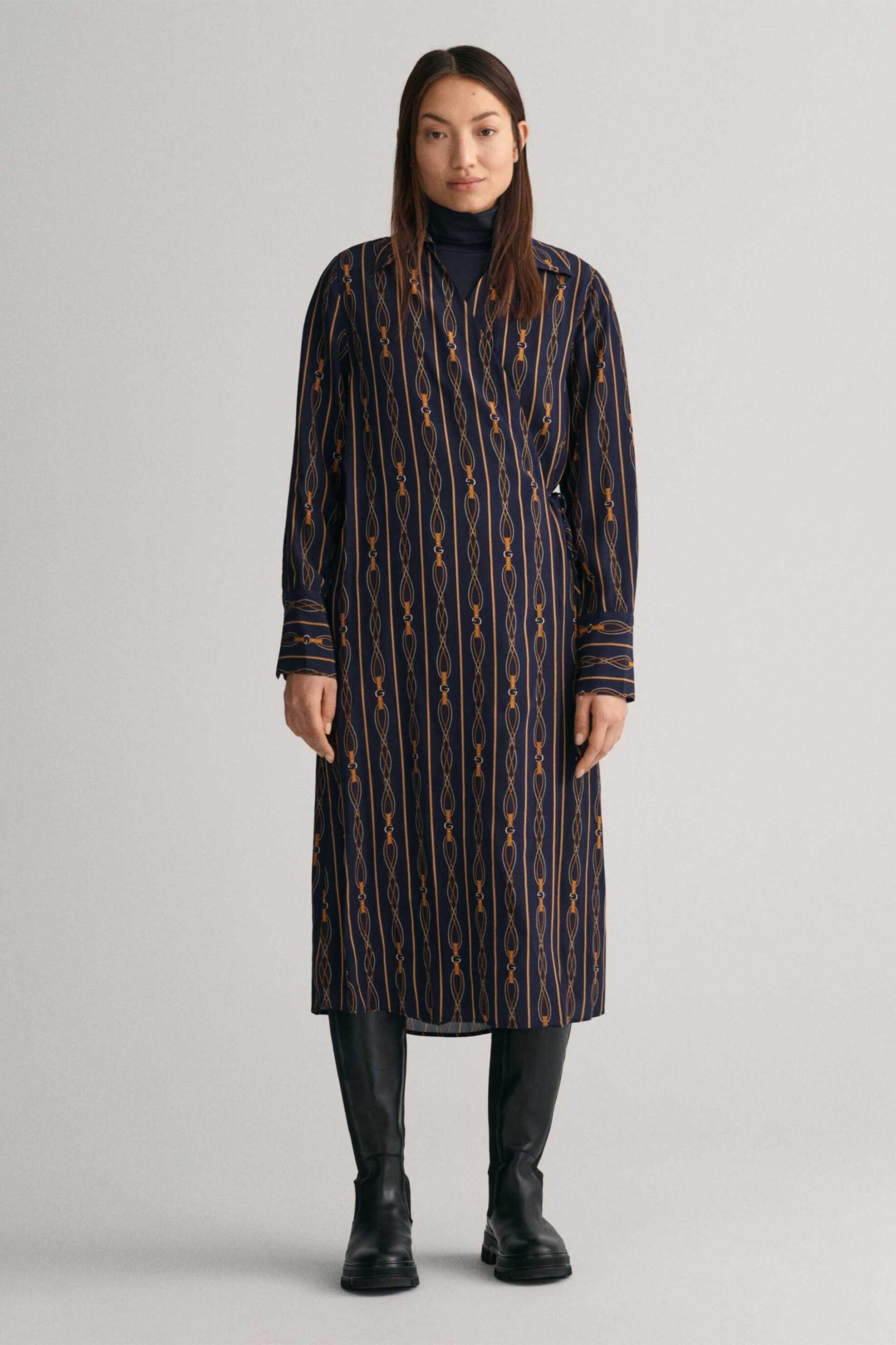 GANT Gant γυναικείο midi φόρεμα από βισκόζη με all-over rope stripe pattern και λεπτομέρειες με μονόγραμμα - 4503283 Σκούρο Μπλε