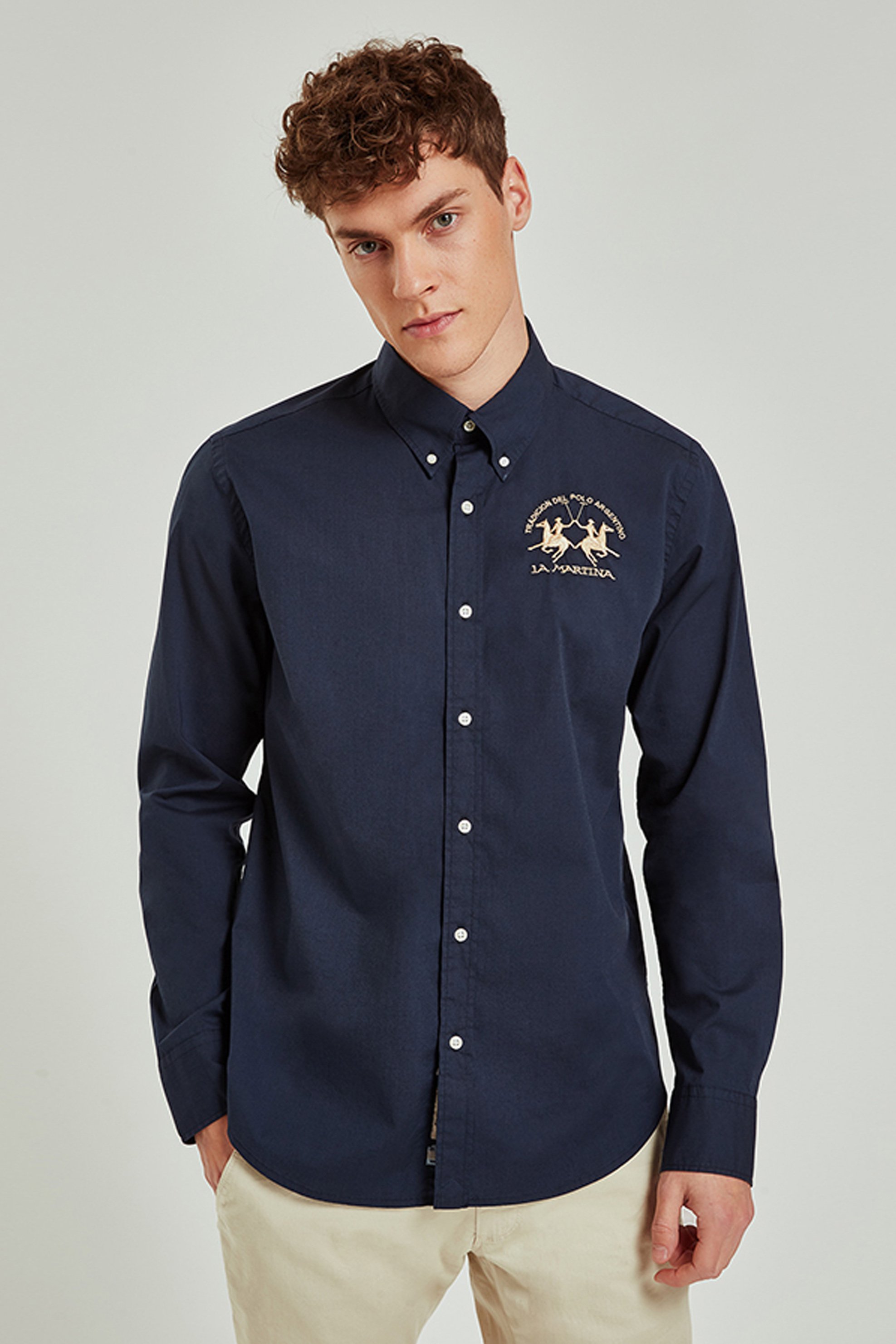 La Martina ανδρικό πουκάμισο μονόχρωμο Raf - CCMC01-PP003 Μπλε Σκούρο