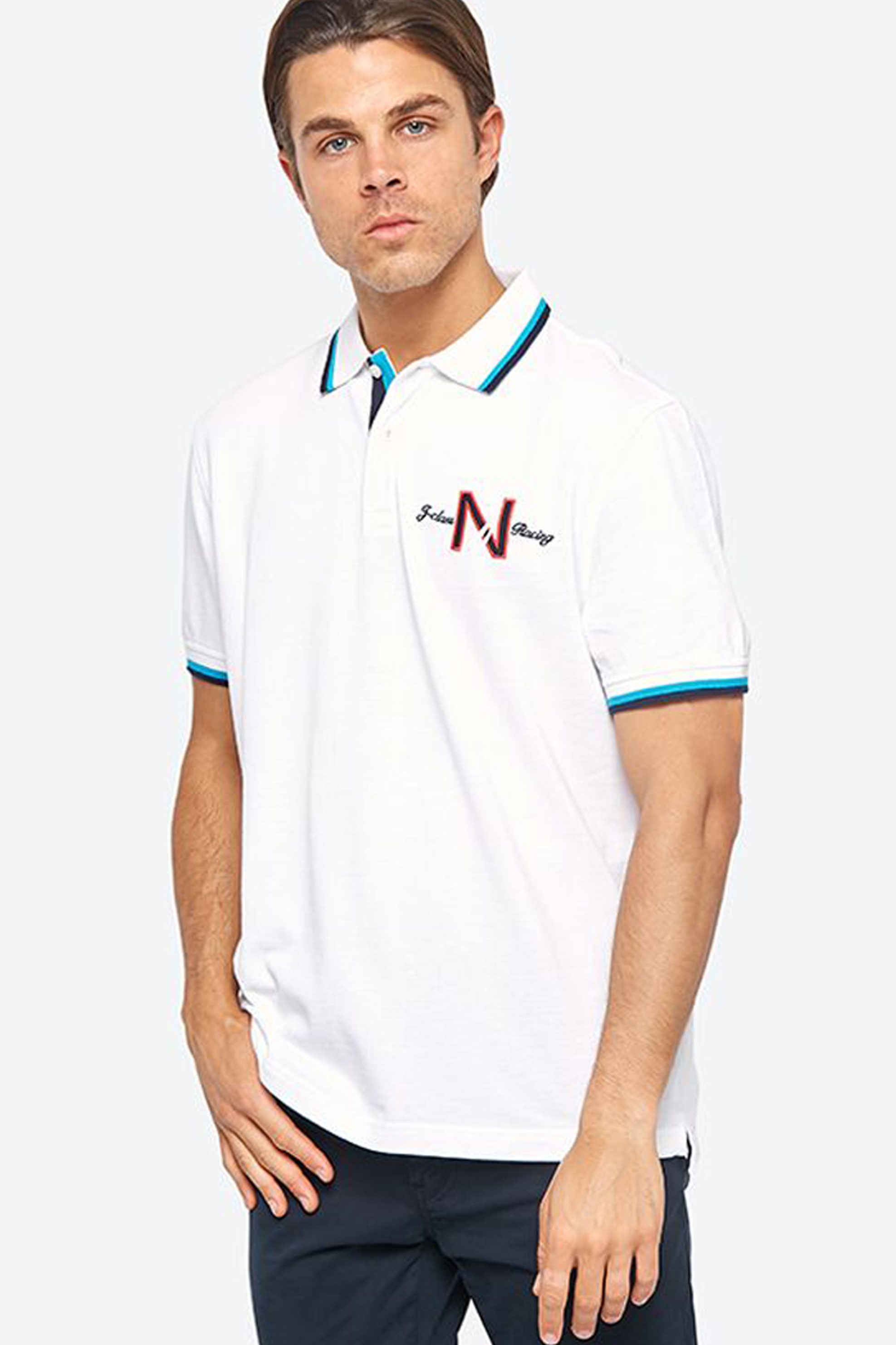 Nautica ανδρική μπλούζα πόλο με ριγέ λεπτομέρειες - K91919 Λευκό