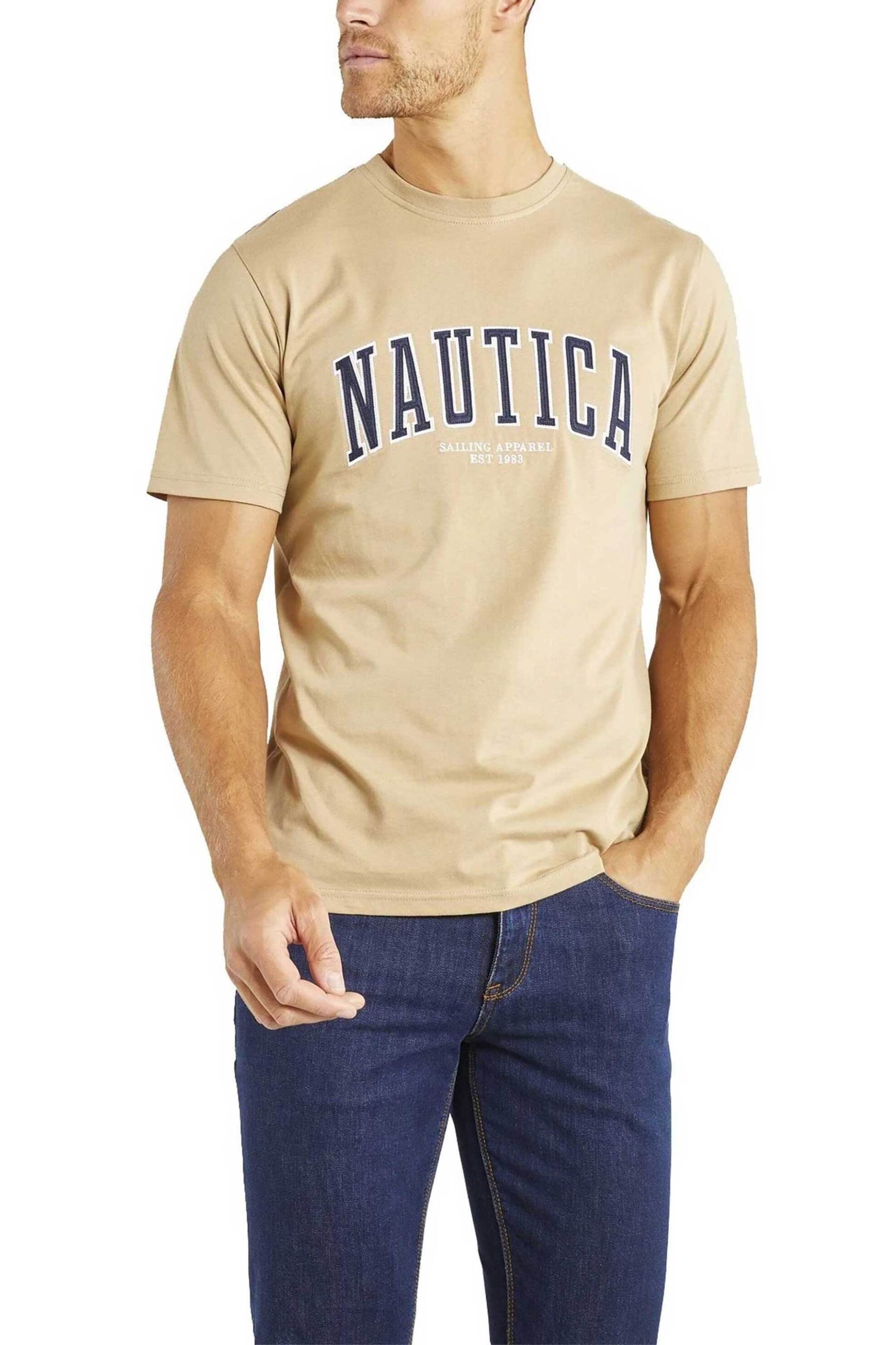 Nautica ανδρικό βαμβακερό T-shirt μονόχρωμο με απλικέ λογότυπο - N1K01299 Καμηλό