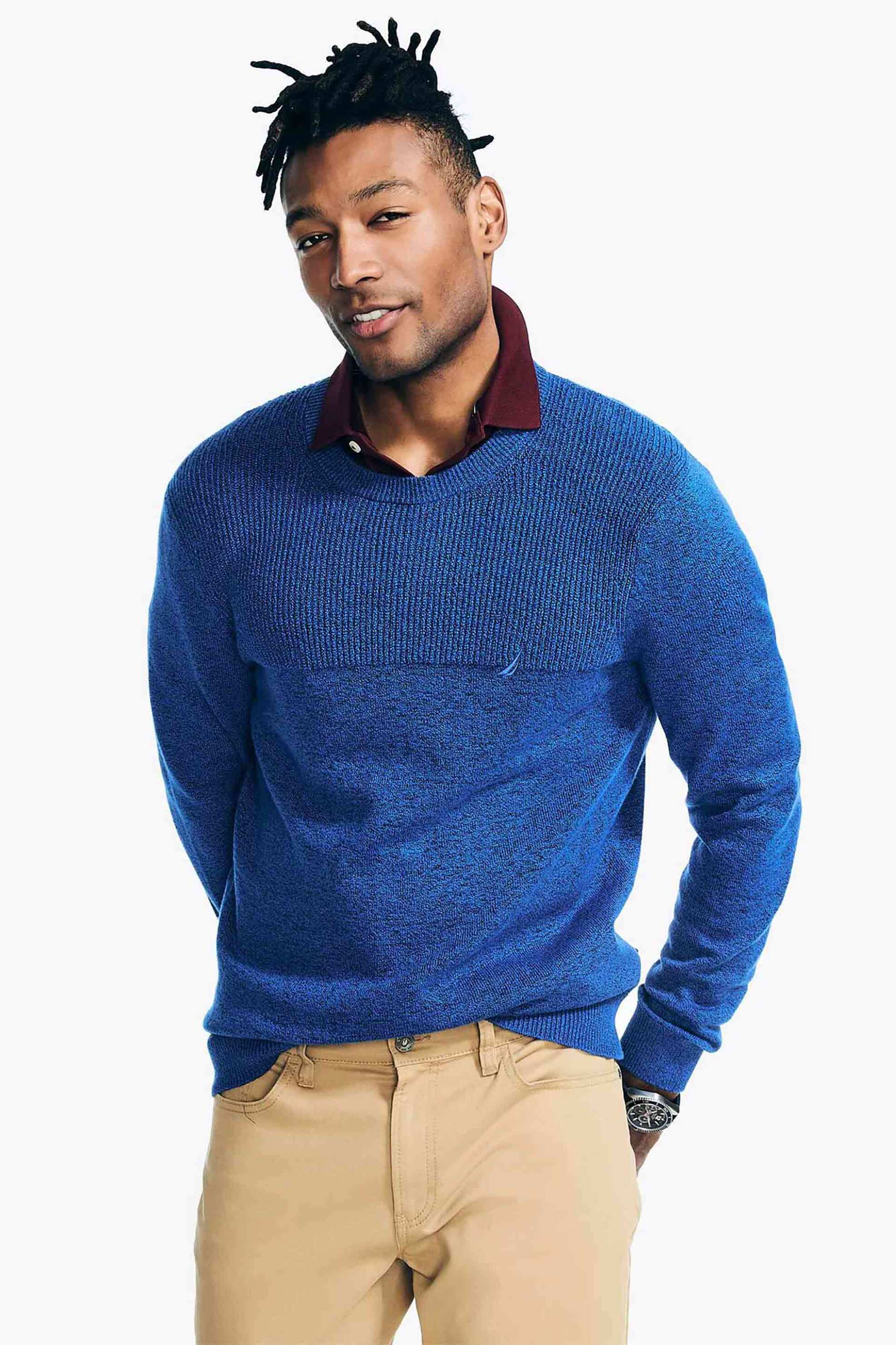 Nautica ανδρικό πλεκτό πουλόβερ μονόχρωμο με tone-on-tone κεντημένο λογότυπο - S37102 Μπλε Cobalt