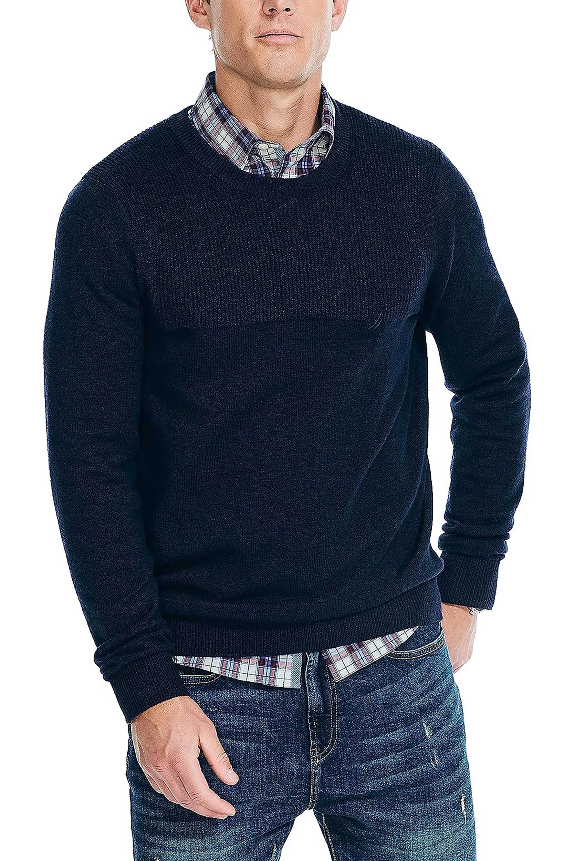 Nautica ανδρικό πλεκτό πουλόβερ μονόχρωμο με tone-on-tone κεντημένο λογότυπο - S37102 Σκούρο Μπλε