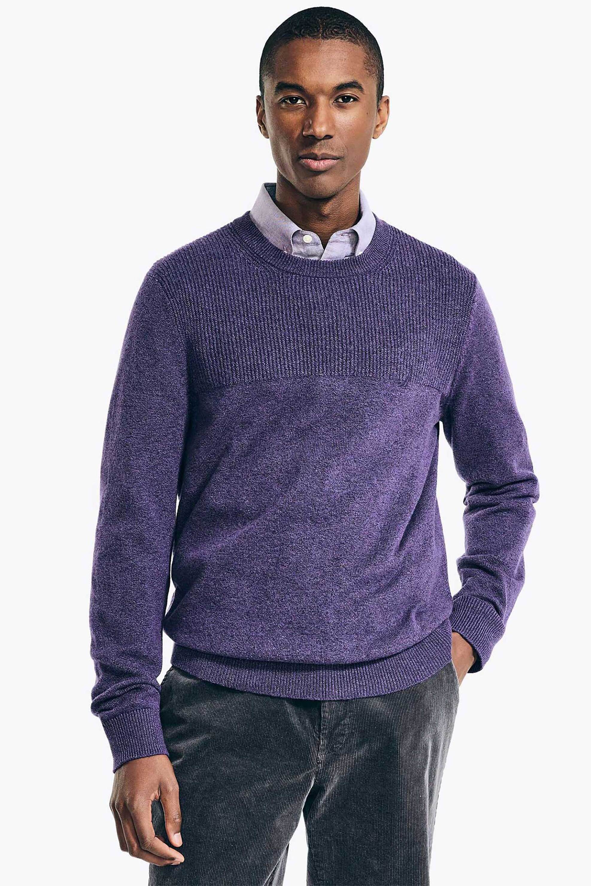 Nautica ανδρικό πλεκτό πουλόβερ μονόχρωμο με tone-on-tone κεντημένο λογότυπο - S37102 Μοβ