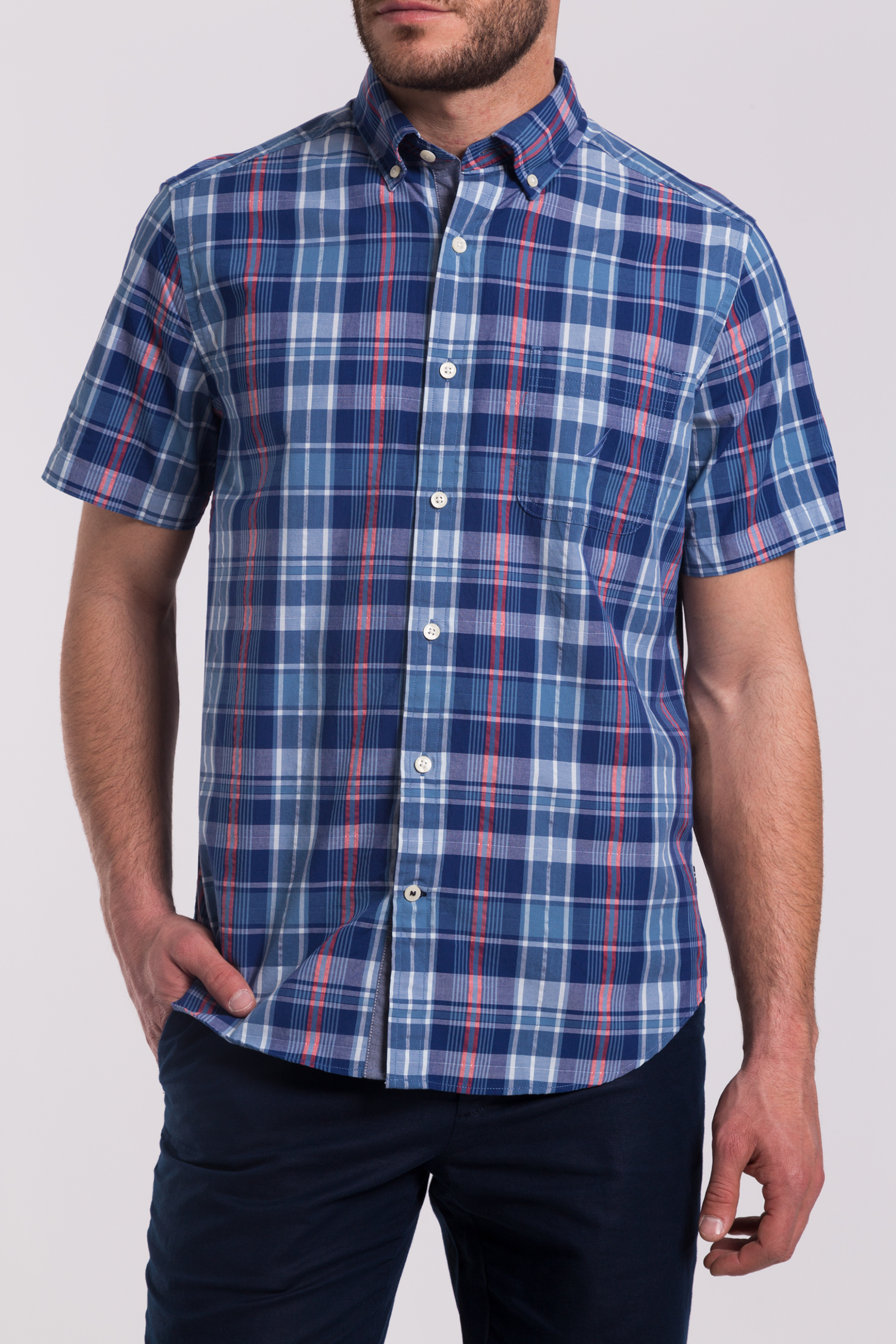 New in Ανδρικό καρό πουκάμισο με κοντά μανίκια Nautica - W81152 Μπλε