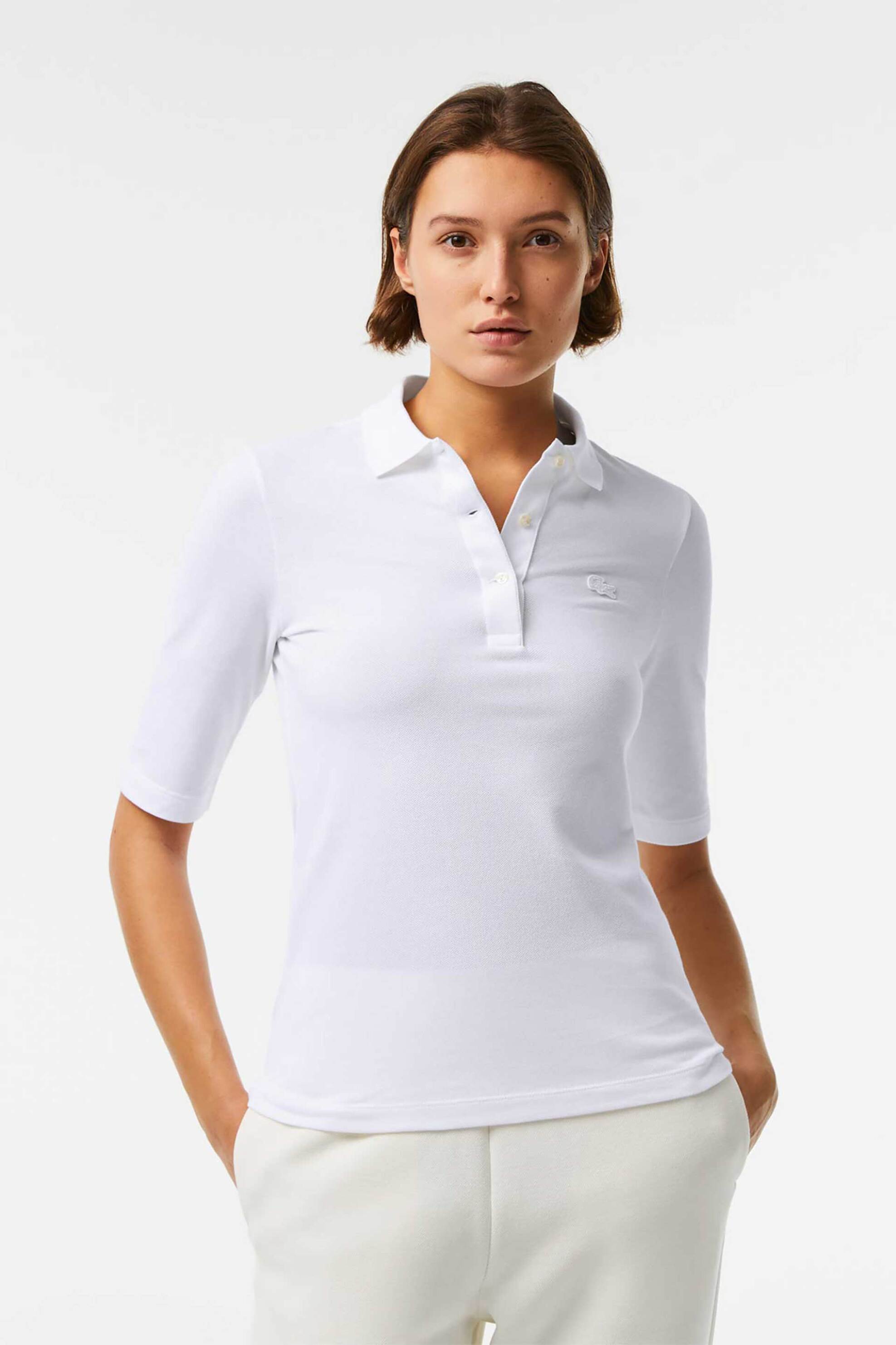 Γυναίκα > ΡΟΥΧΑ > Tops > Μπλούζες > Πόλο Lacoste γυναικεία μπλούζα πόλο μονόχρωμη με 3/4 μανίκι και κεντημένο λογότυπο - PF0503 Λευκό