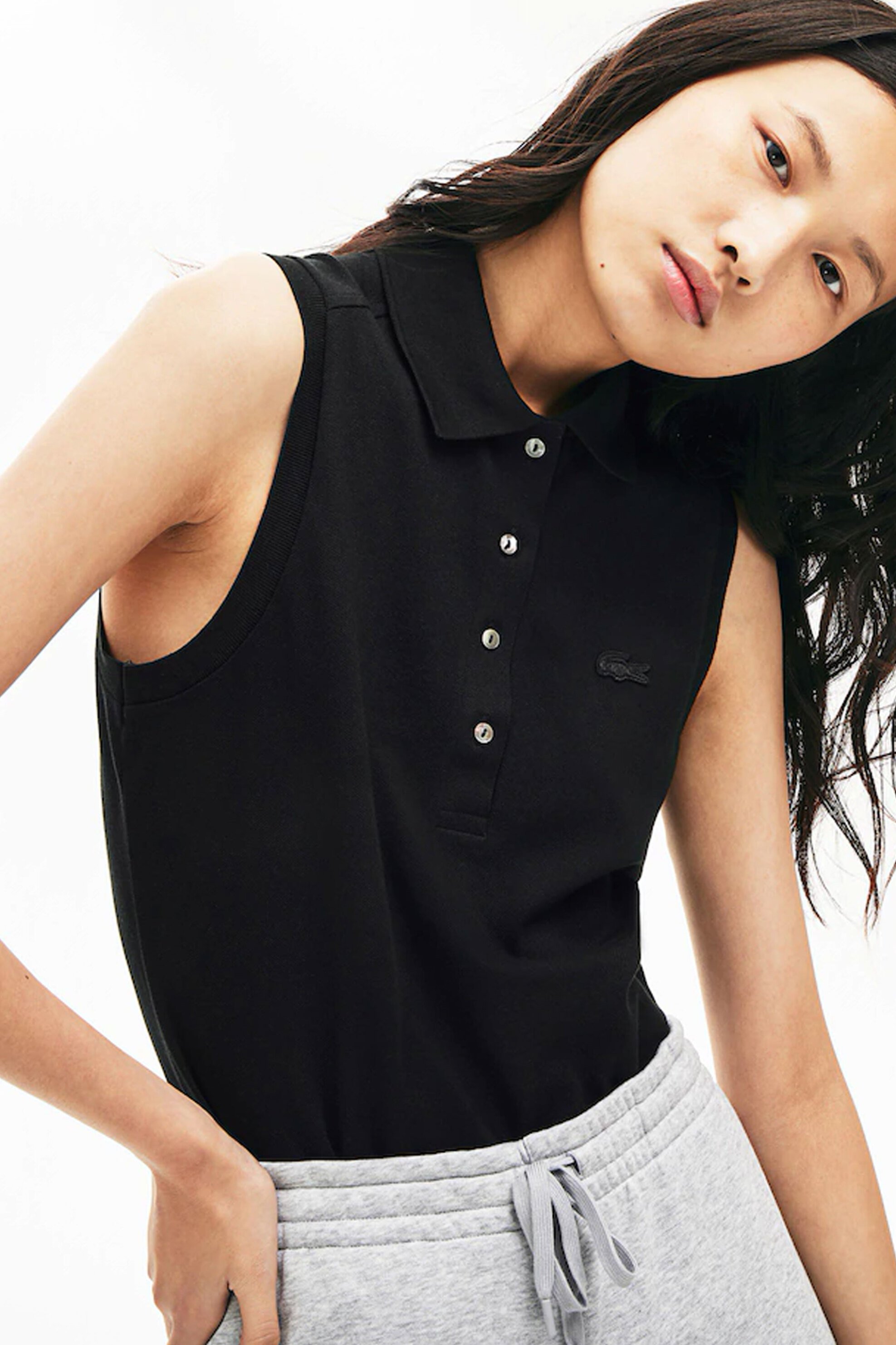 LACOSTE Lacoste γυναικεία μπλούζα πόλο αμάνικη πικέ με κεντημένο λογότυπο Slim Fit - PF5445 Μαύρο