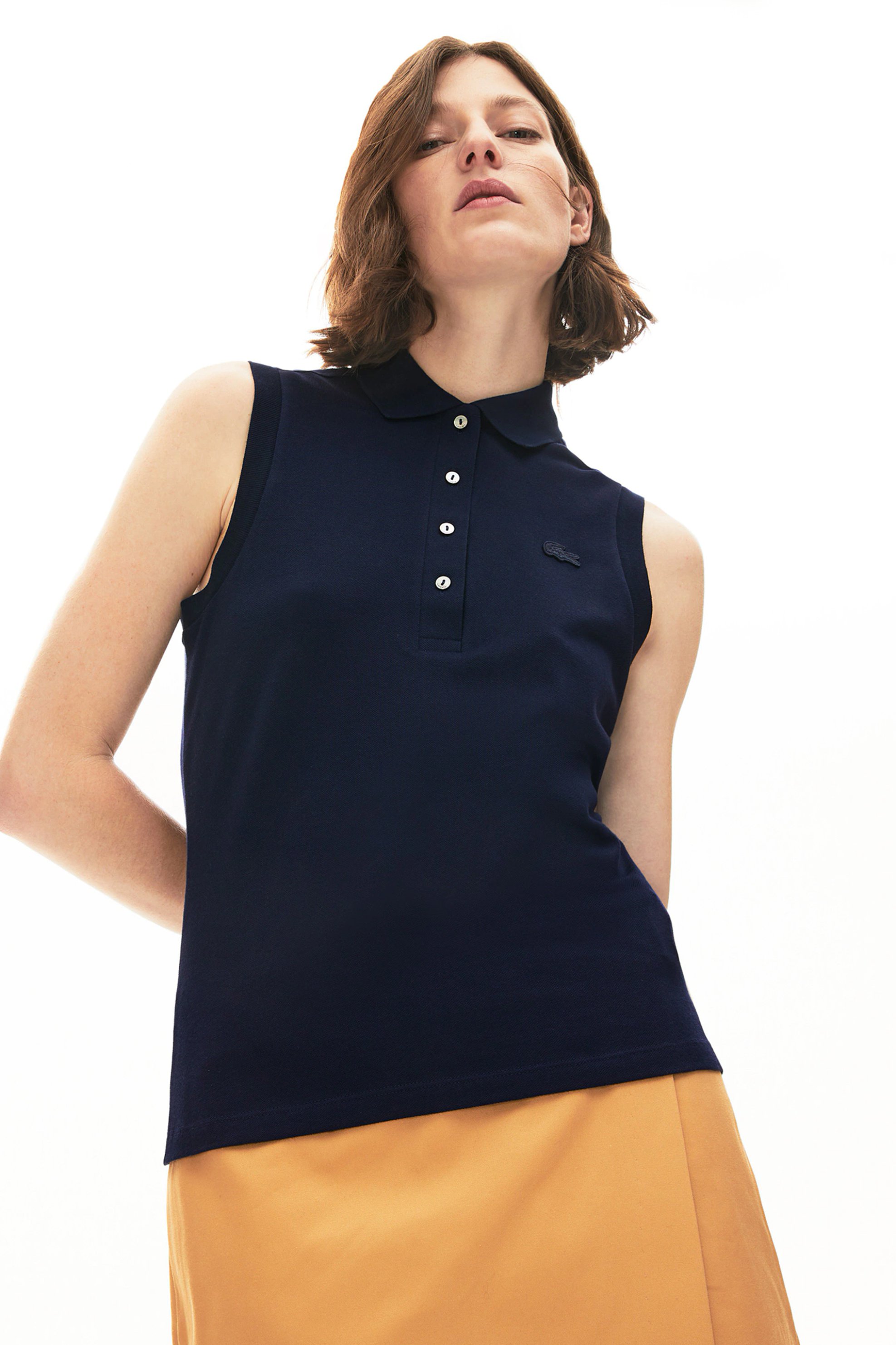 Lacoste γυναικεία μπλούζα πόλο αμάνικη πικέ με κεντημένο λογότυπο Slim Fit - PF5445 Μπλε Σκούρο