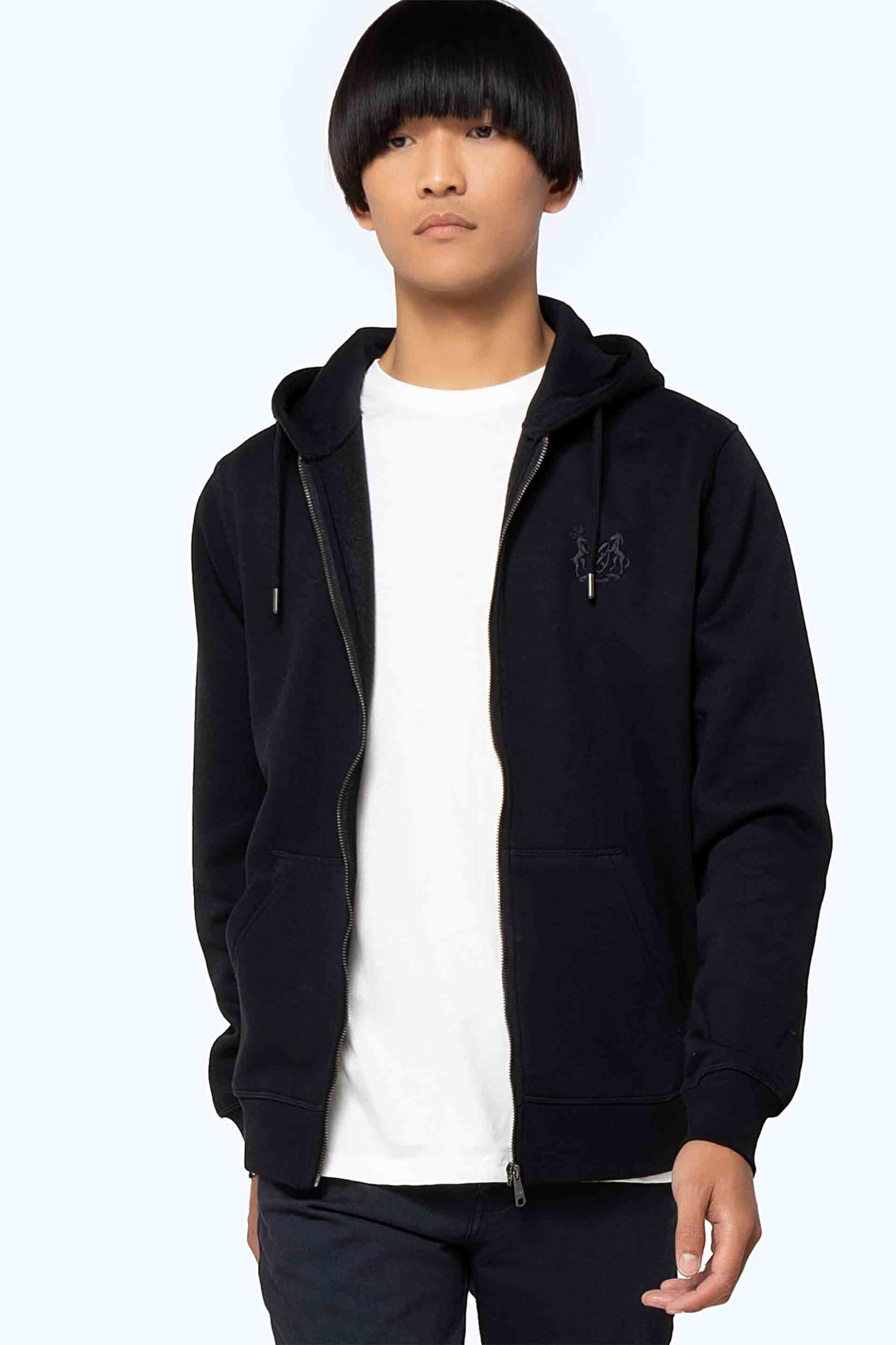 The Bostonians ανδρική ζακέτα φούτερ μονόχρωμη με κουκούλα και logo Regular Fit - RO1003 Μαύρο φωτογραφία