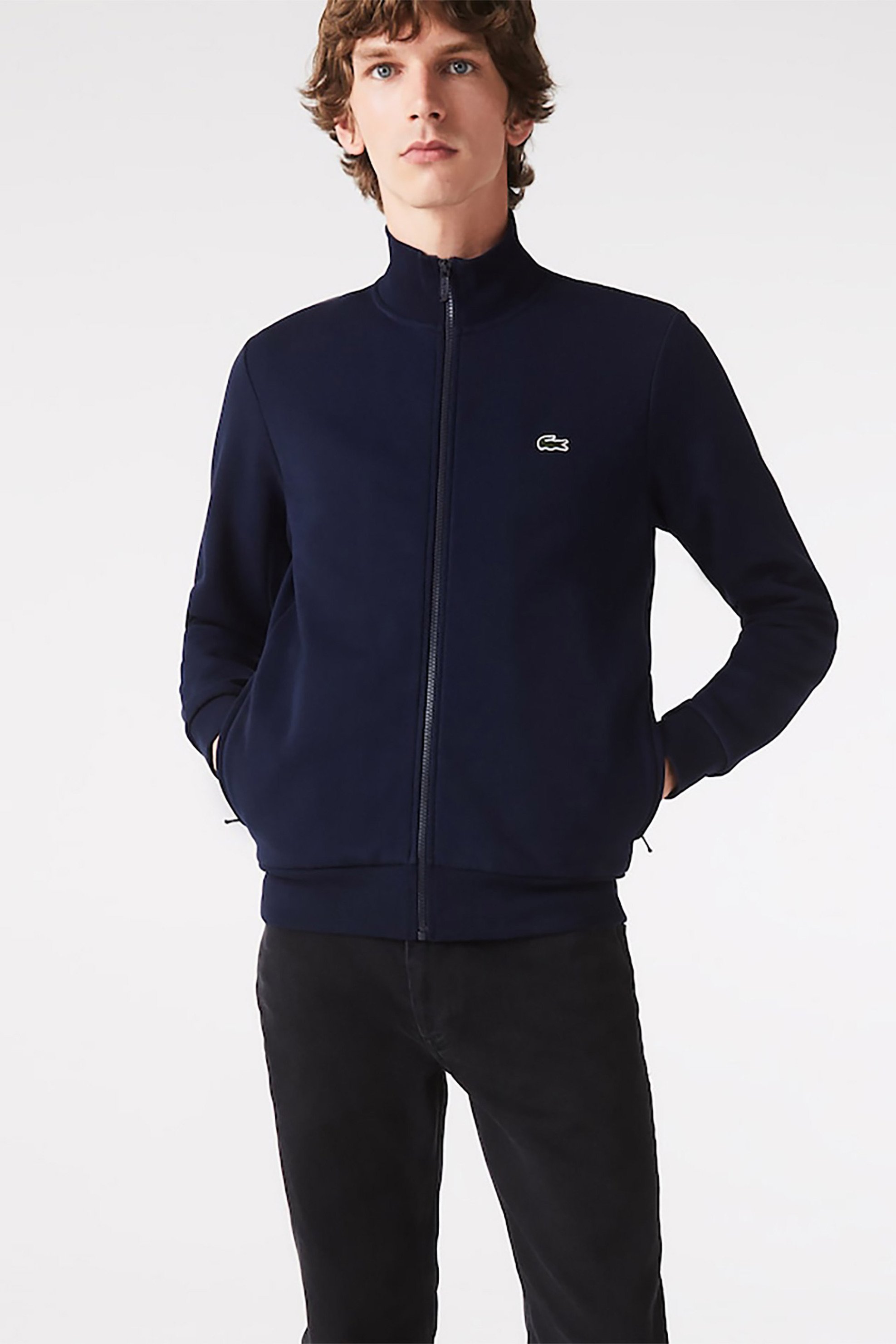 Lacoste ανδρική ζακέτα φούτερ fleece με ψηλό λαιμό και κεντημένο λογότυπο Regular Fit - SH9622 Μπλε Σκούρο