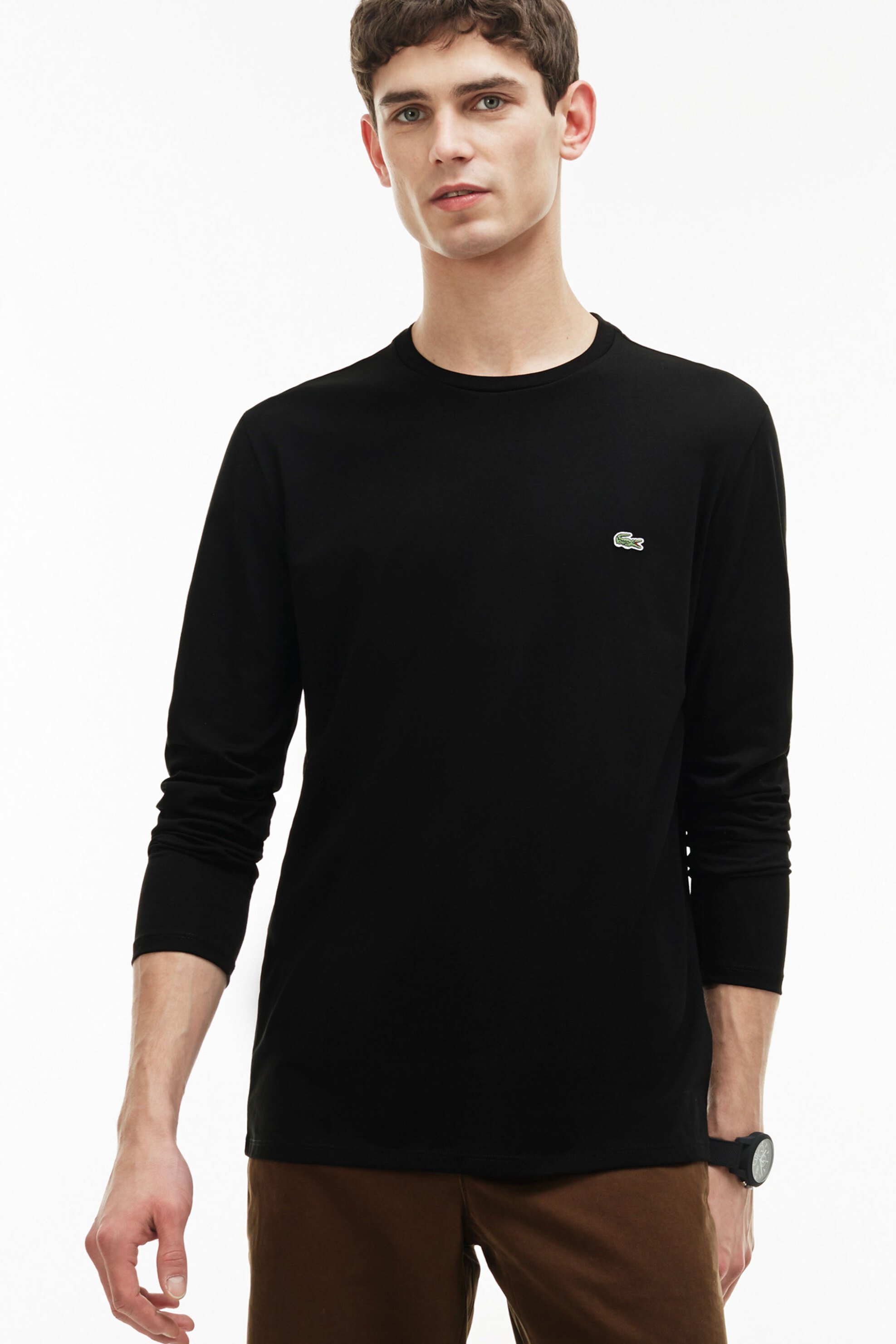 Lacoste ανδρική μακρυμάνικη μπλούζα μονόχρωμη με κεντημένο λογότυπο Regular Fit  - TH6712 Μαύρο
