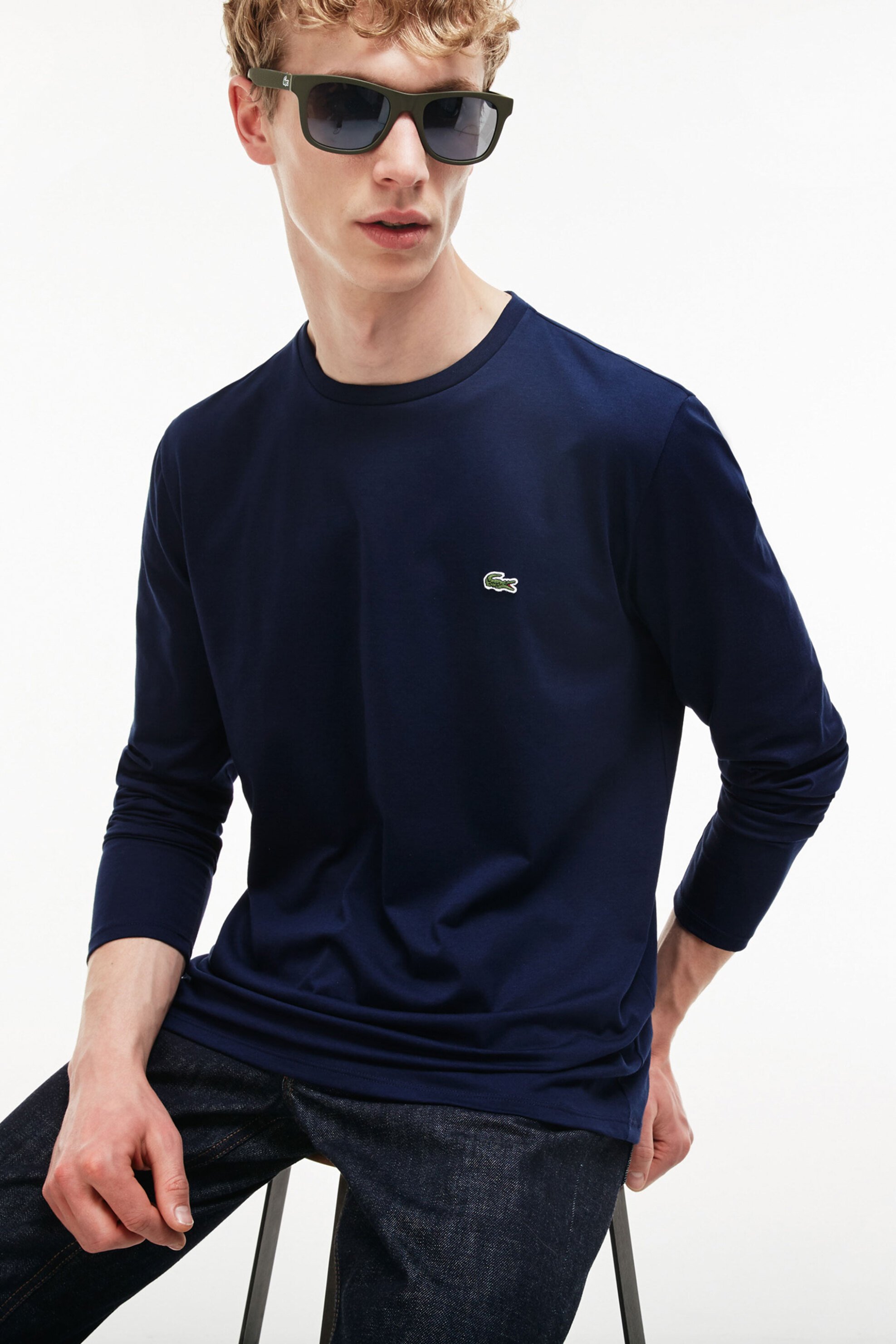 Lacoste ανδρική μακρυμάνικη μπλούζα μονόχρωμη με κεντημένο λογότυπο Regular Fit  - TH6712 Μπλε Σκούρο