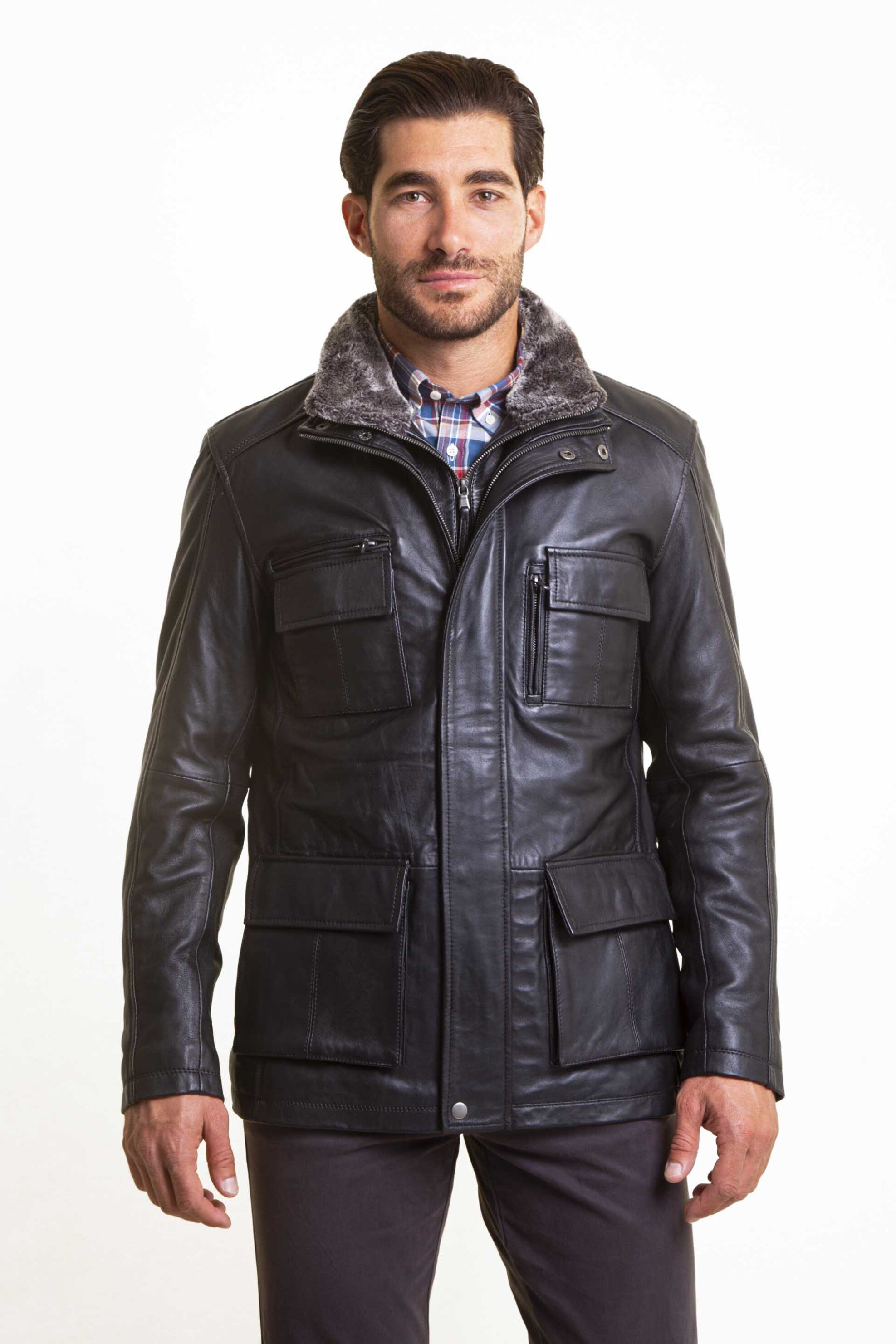 THE BOSTONIANS The Bostonians ανδρικό δερμάτινο μπουφάν με λεπτομέρεια από faux γούνα Regular Fit - WL00206 Μαύρο