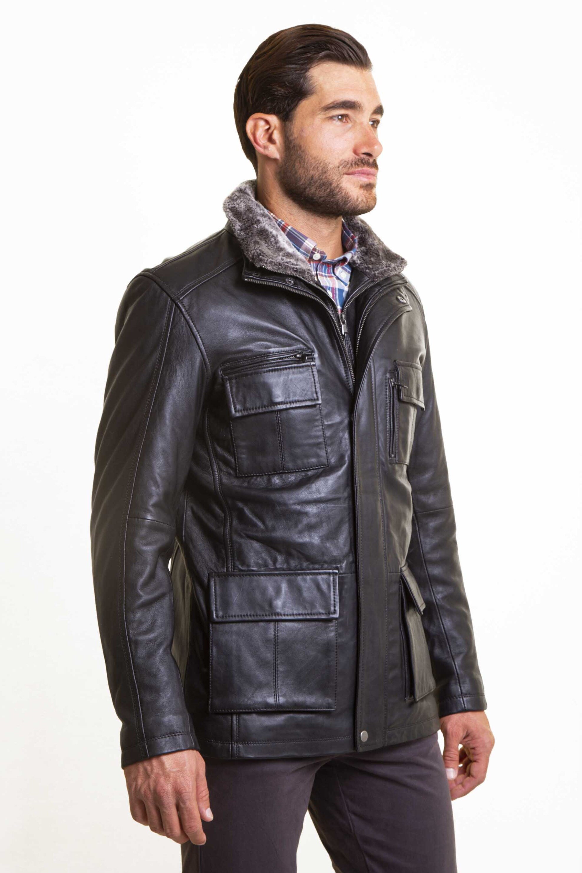 The Bostonians ανδρικό δερμάτινο μπουφάν με λεπτομέρεια από faux γούνα Regular Fit - WL00206 Μαύρο φωτογραφία