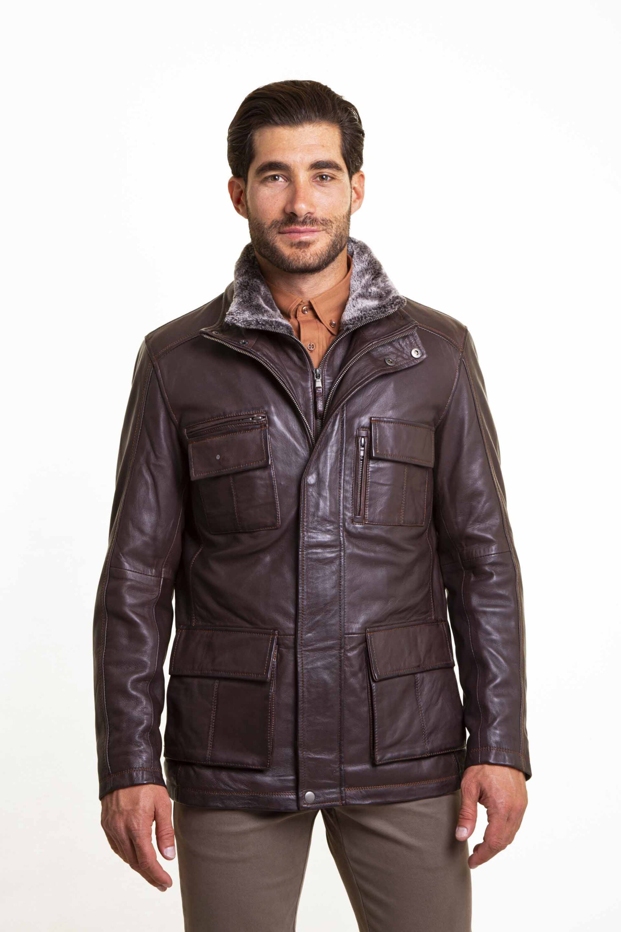 THE BOSTONIANS The Bostonians ανδρικό δερμάτινο μπουφάν με λεπτομέρεια από faux γούνα Regular Fit - WL00206 Καφέ