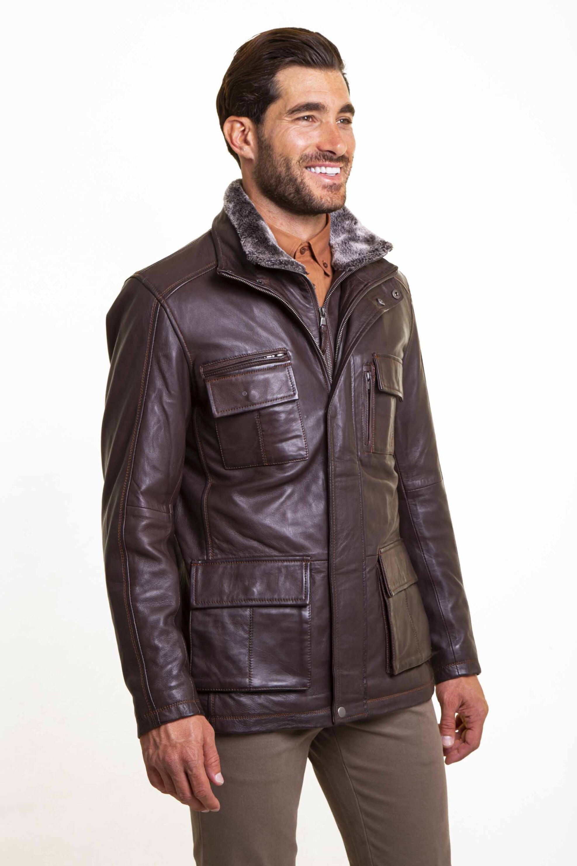 The Bostonians ανδρικό δερμάτινο μπουφάν με λεπτομέρεια από faux γούνα Regular Fit - WL00206 Καφέ φωτογραφία