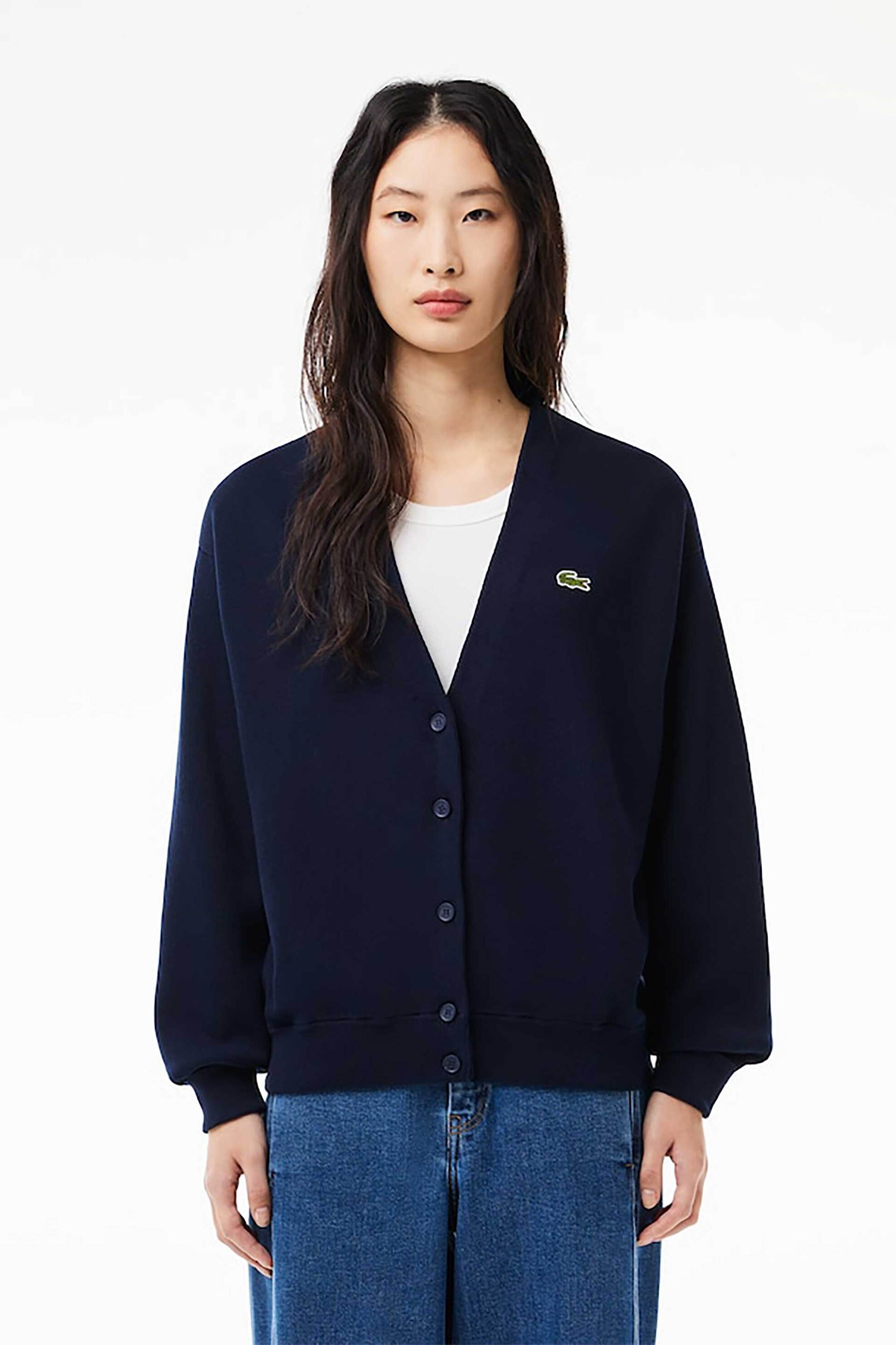 Lacoste Lacoste γυναικεία πλεκτή ζακέτα με V και κεντημένο λογότυπο - AF5631 Μπλε Σκούρο 2025