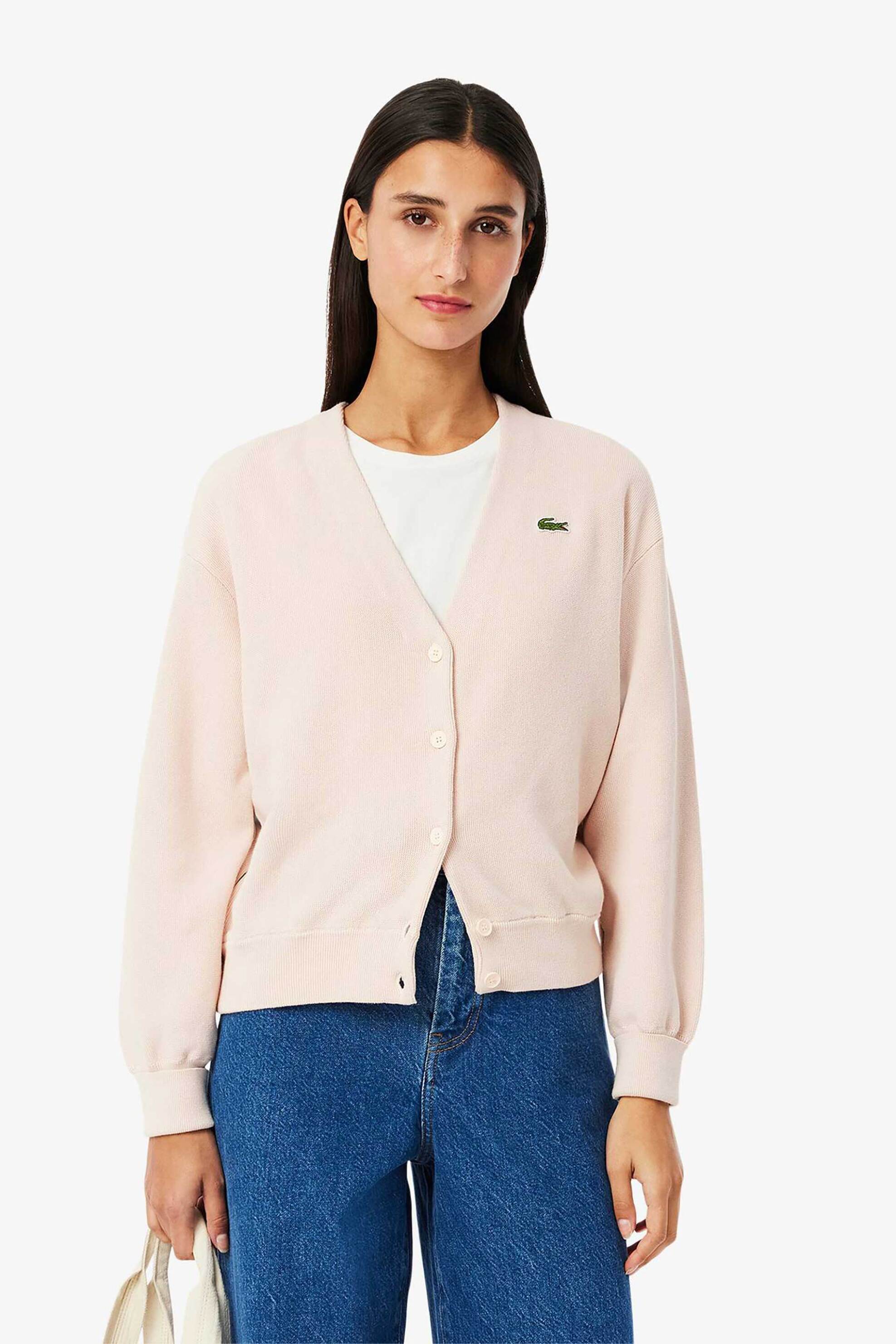 LACOSTE Lacoste γυναικεία πλεκτή ζακέτα με V και κεντημένο λογότυπο - AF5631 Ροζ Ανοιχτό