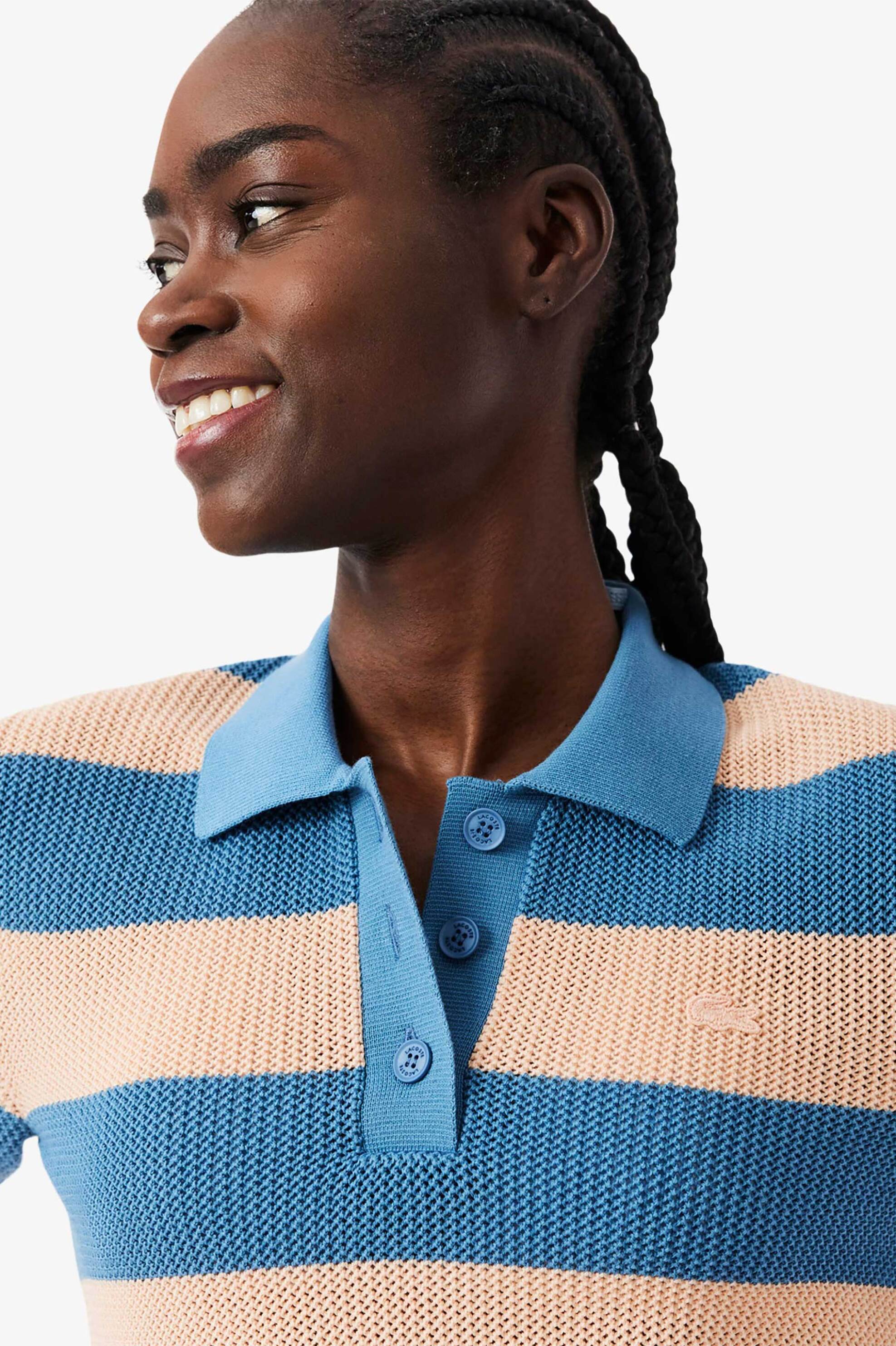 LACOSTE Lacoste γυναικεία πλεκτή μπλούζα πόλο με ριγέ σχέδιο και κεντημένο λογότυπο Regular Fit - AF9847 Μπλε - 2