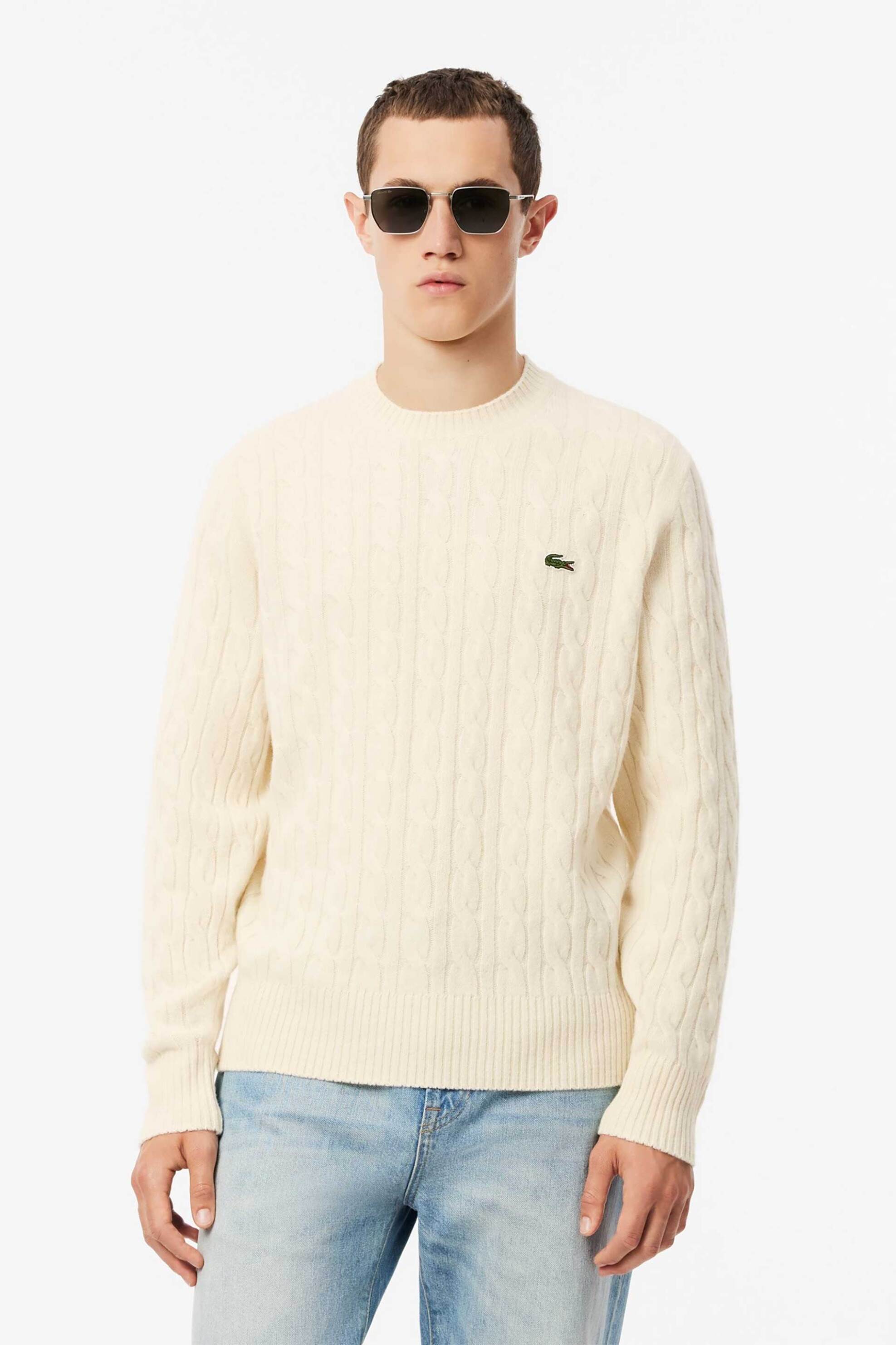 LACOSTE Lacoste ανδρικό μάλλινο πουλόβερ με cable knit pattern και κεντημένο λογότυπο Classic Fit - AH2924-00 Εκρού