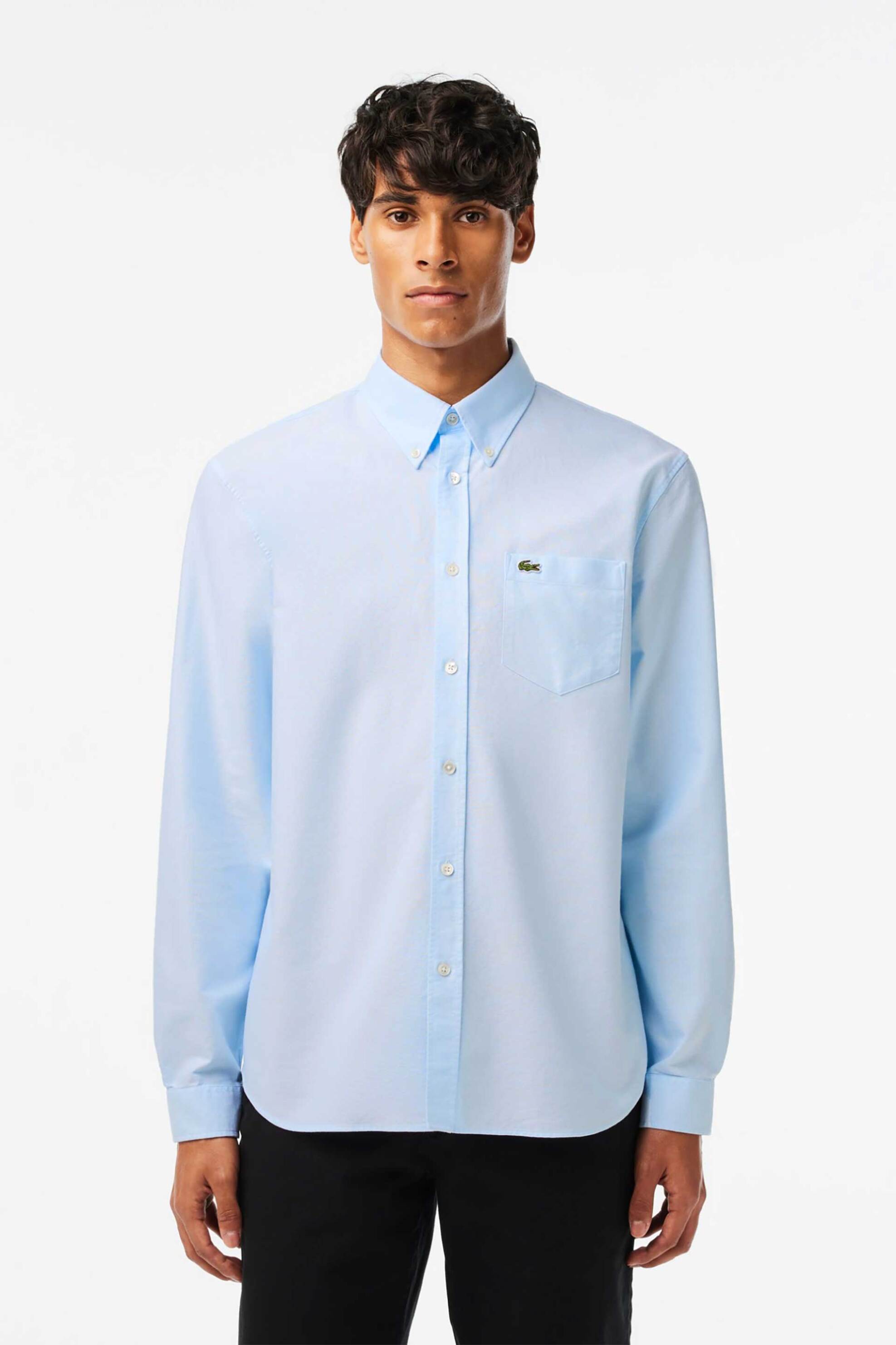 Lacoste ανδρικό πουκάμισο oxford button down με τσέπη και κεντημένο λογότυπο Regular Fit - CH1911 Μπλε Ανοιχτό