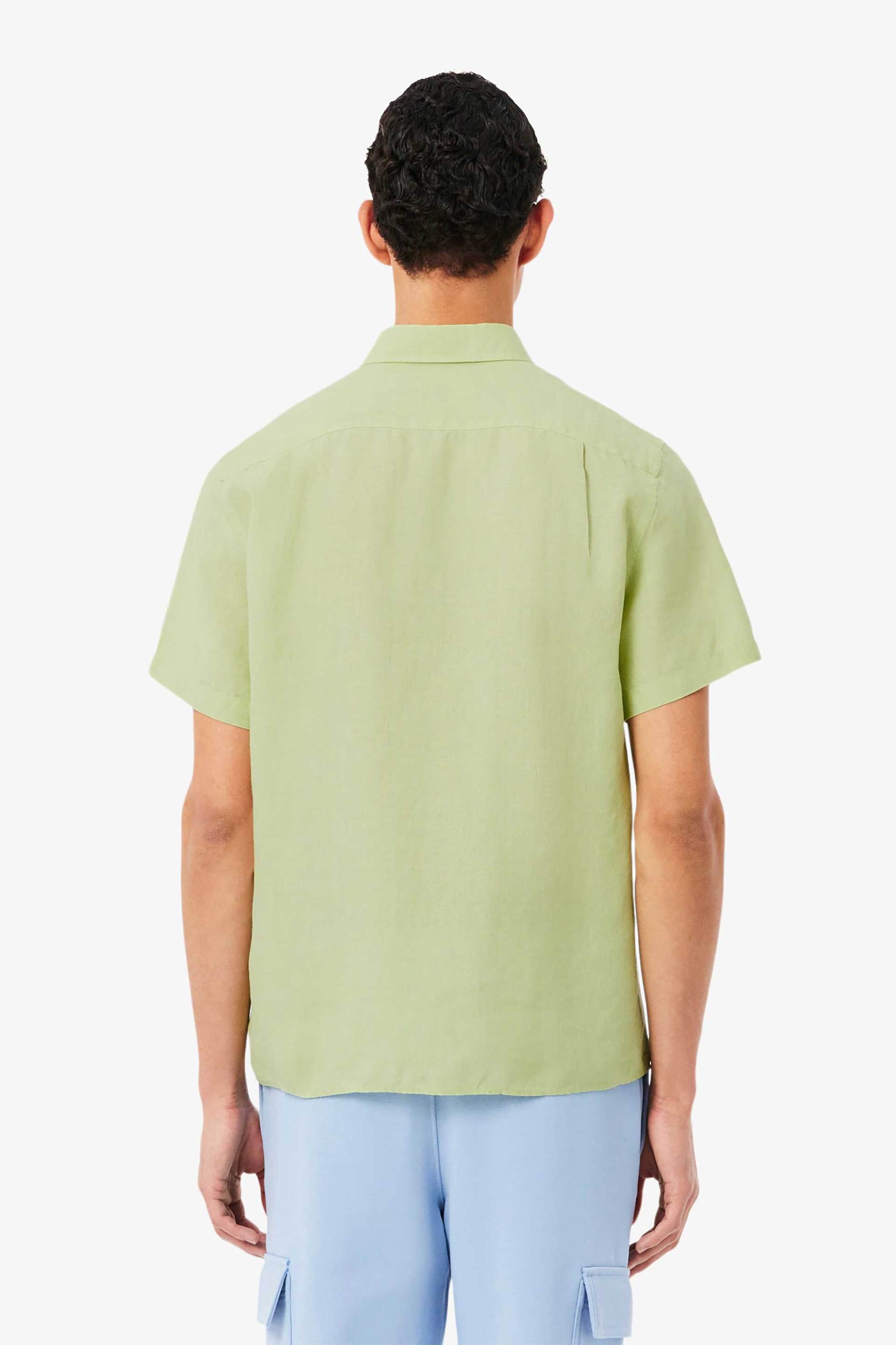 Lacoste Ανδρικό Λινό Πουκάμισο Κοντομάνικο με Τσέπη Και Κεντημένο Λογότυπο Regular Fit - Ch5699 Πράσινο Ανοιχτό