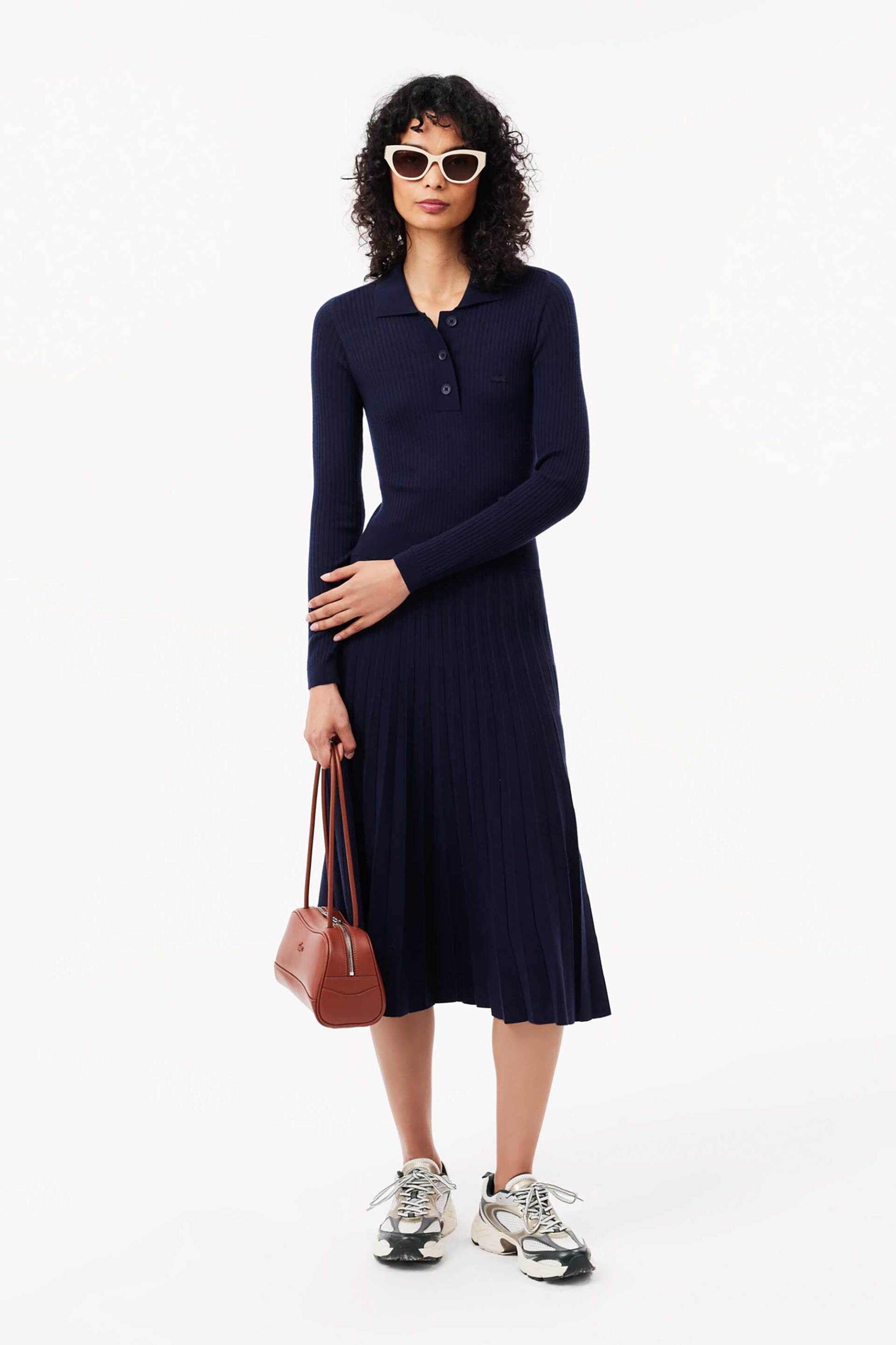 LACOSTE Lacoste γυναικείο μάλλινο midi φόρεμα ribbed με κεντημένο tone-on-tone λογότυπο - EF2612-00 Μπλε Σκούρο