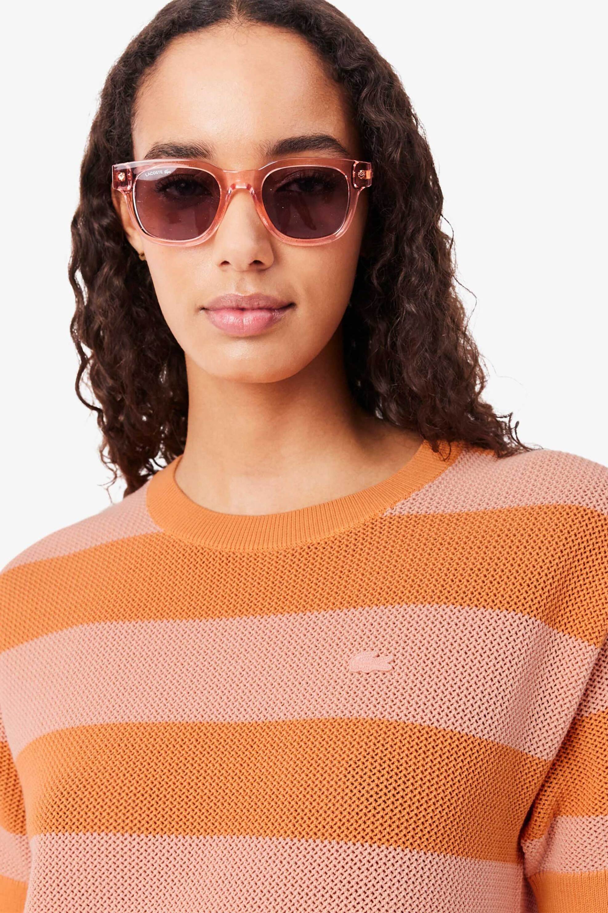 Lacoste γυναικείο πλεκτό mini φόρεμα με ριγέ σχέδιο και κεντημένο λογότυπο Regular Fit - EF5021 Πορτοκαλί