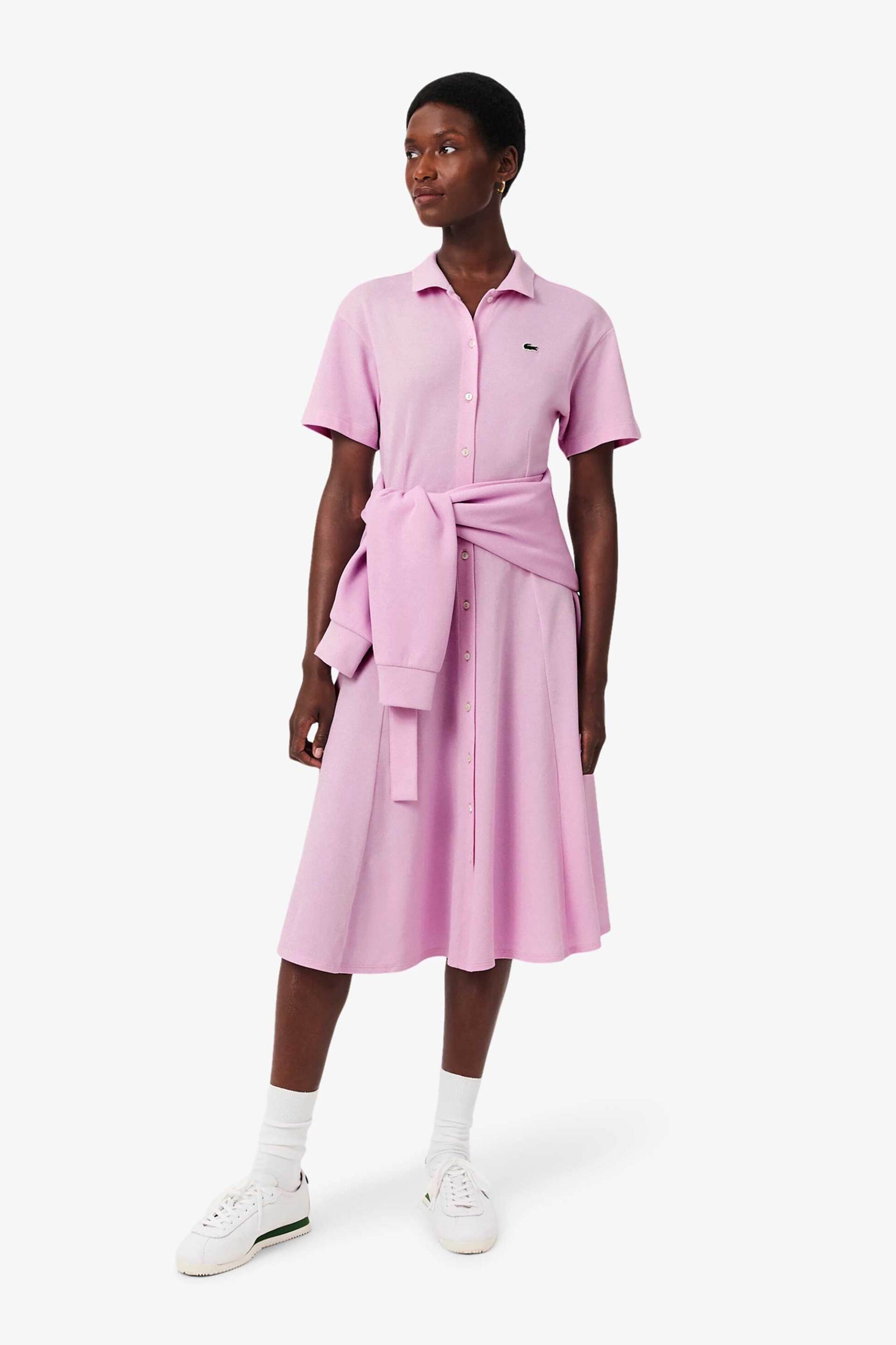 LACOSTE Lacoste γυναικείο midi φόρεμα πόλο σεμιζιέ πικέ με κεντημένο λογότυπο Flared Cut - EF9621-00 Ροζ Ανοιχτό - 3