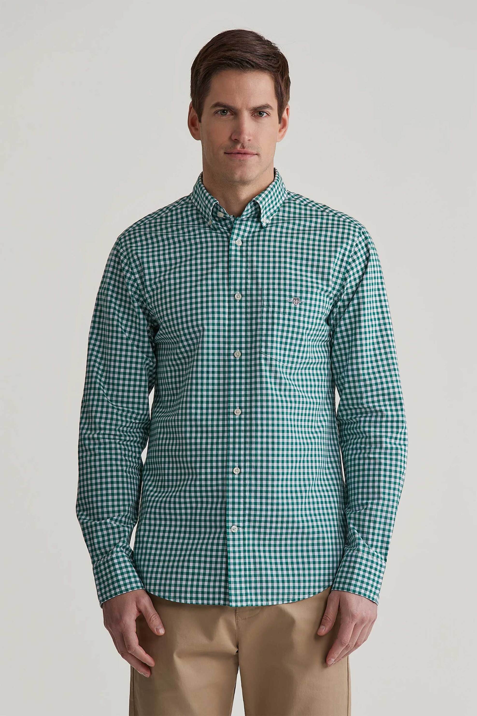 Gant ανδρικό πουκάμισο button down classic poplin με καρό σχέδιο και τσέπη με κεντημένο λογότυπο Regular Fit - 3000120 Πράσινο Tropical