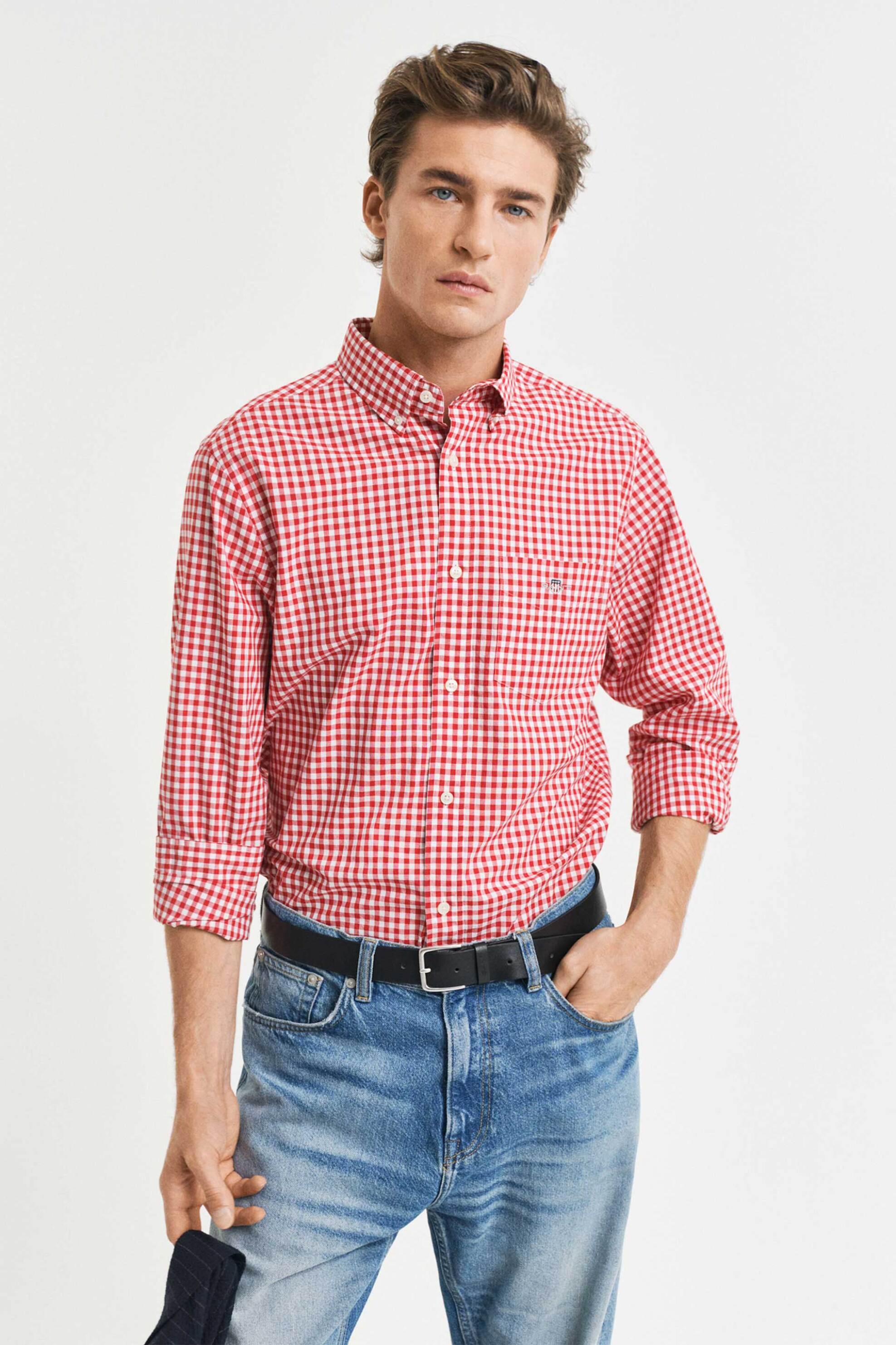 Gant ανδρικό πουκάμισο button down classic poplin με καρό σχέδιο και τσέπη με κεντημένο λογότυπο Regular Fit - 3000120 Κόκκινο