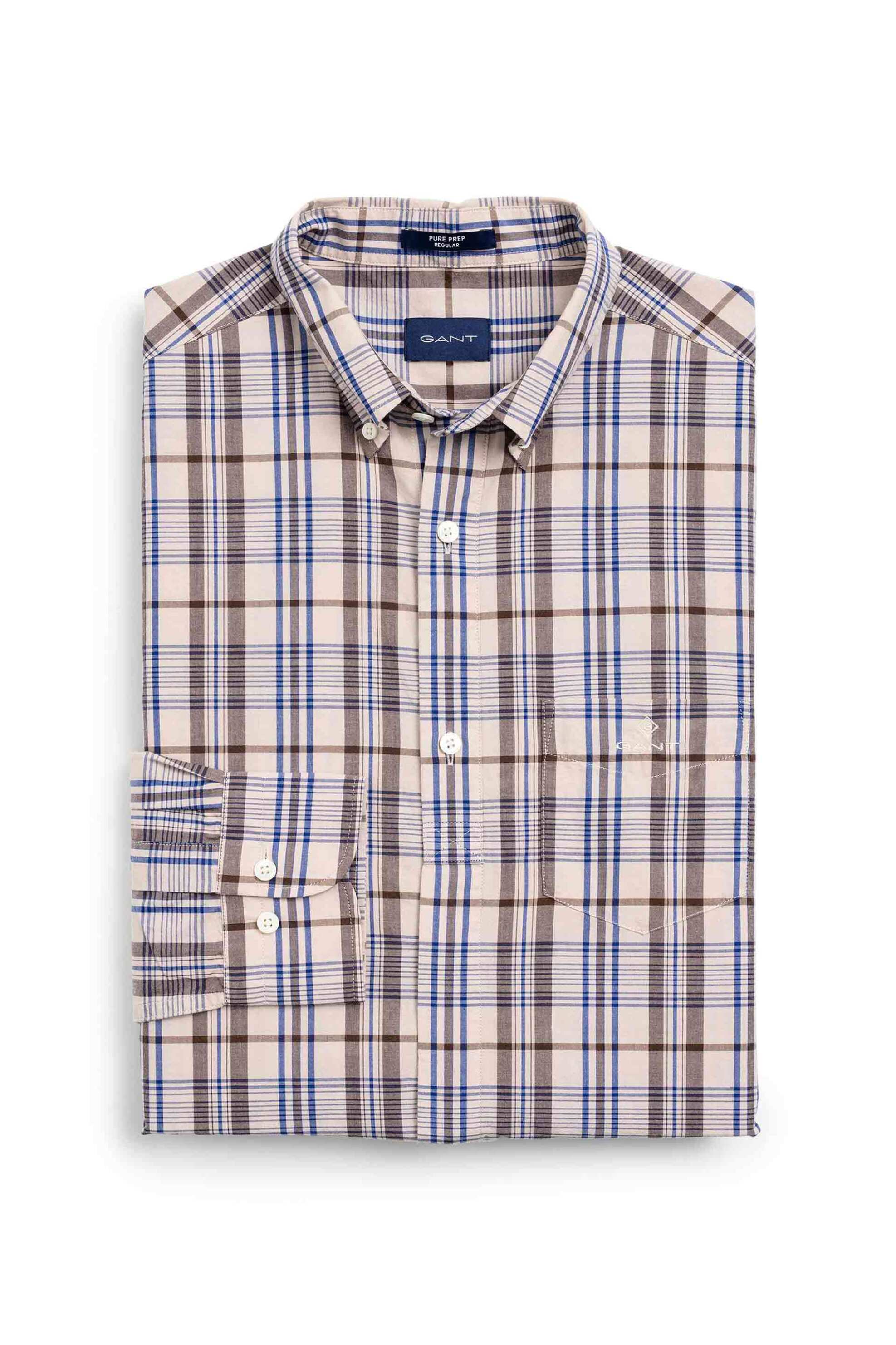Gant ανδρικό πουκάμισο button down με καρό σχέδιο και απλικέ τσέπη με κεντημένο logo Regular Fit - 3019130 Μπεζ