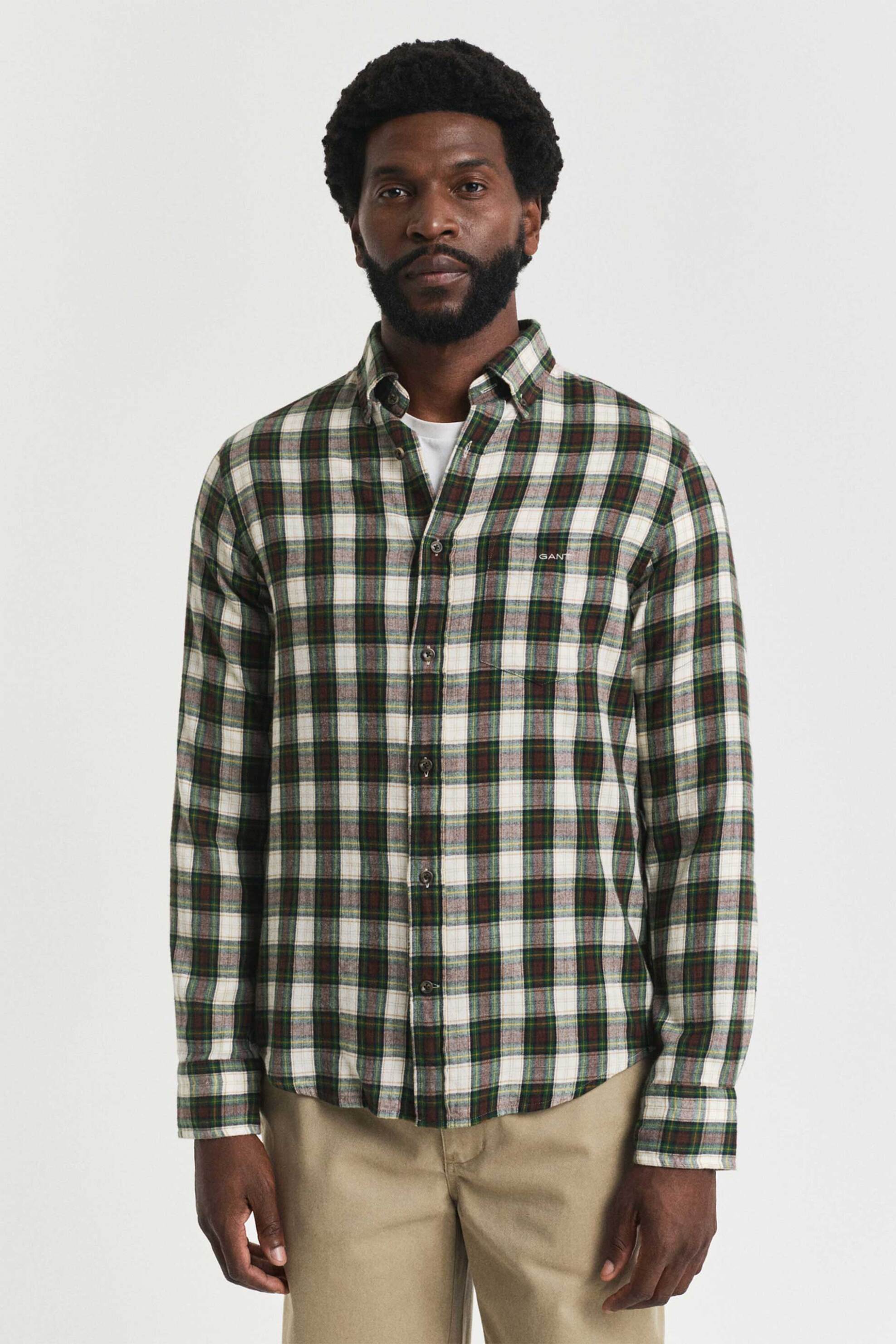 Gant ανδρικό πουκάμισο flannel button down με καρό σχέδιο και τσέπη και κεντημένο λογότυπο Regular Fit - 3250242 Κρέμ