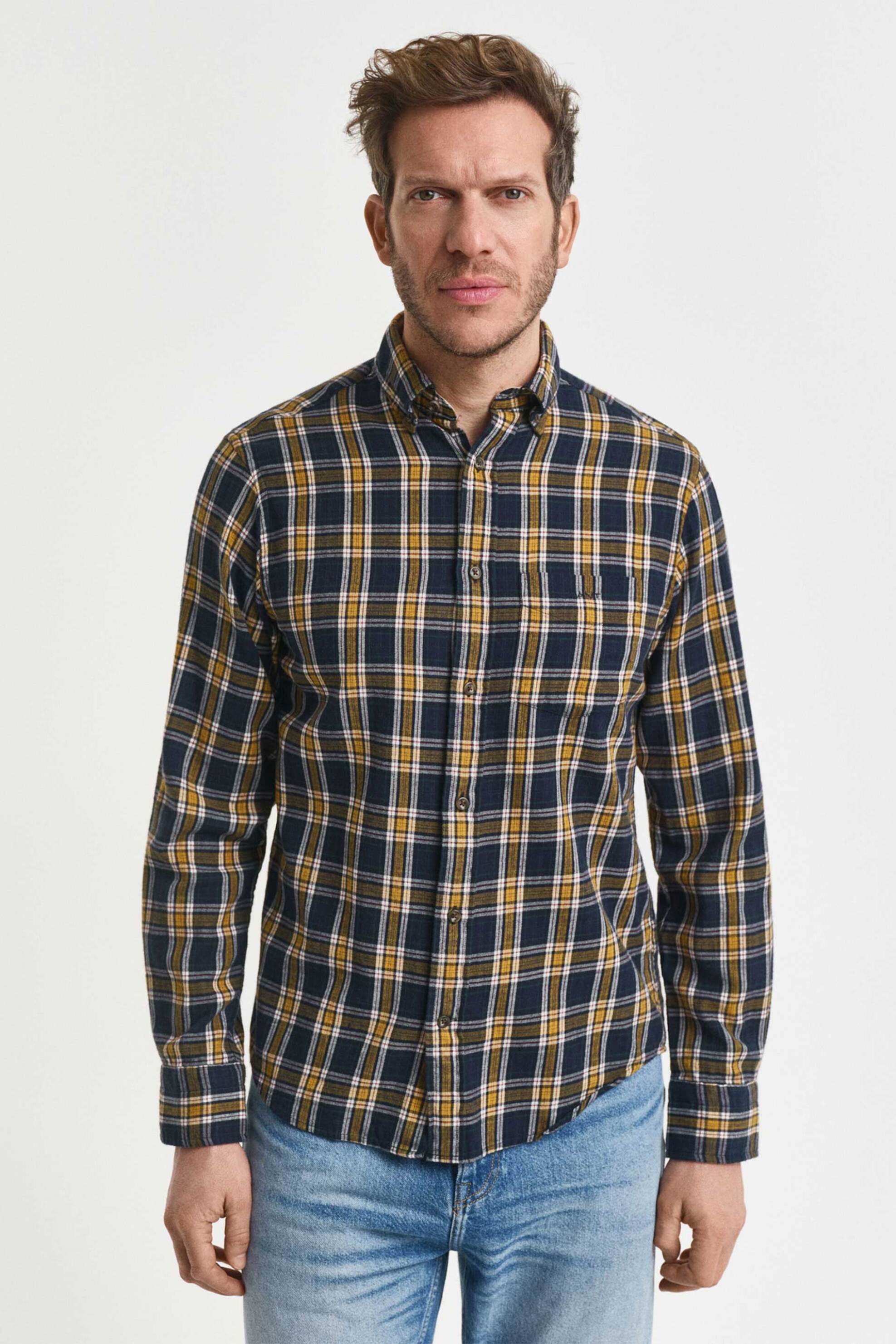 Gant ανδρικό πουκάμισο flannel button down με καρό σχέδιο και τσέπη και κεντημένο λογότυπο Regular Fit - 3250242 Μπλε Σκούρο
