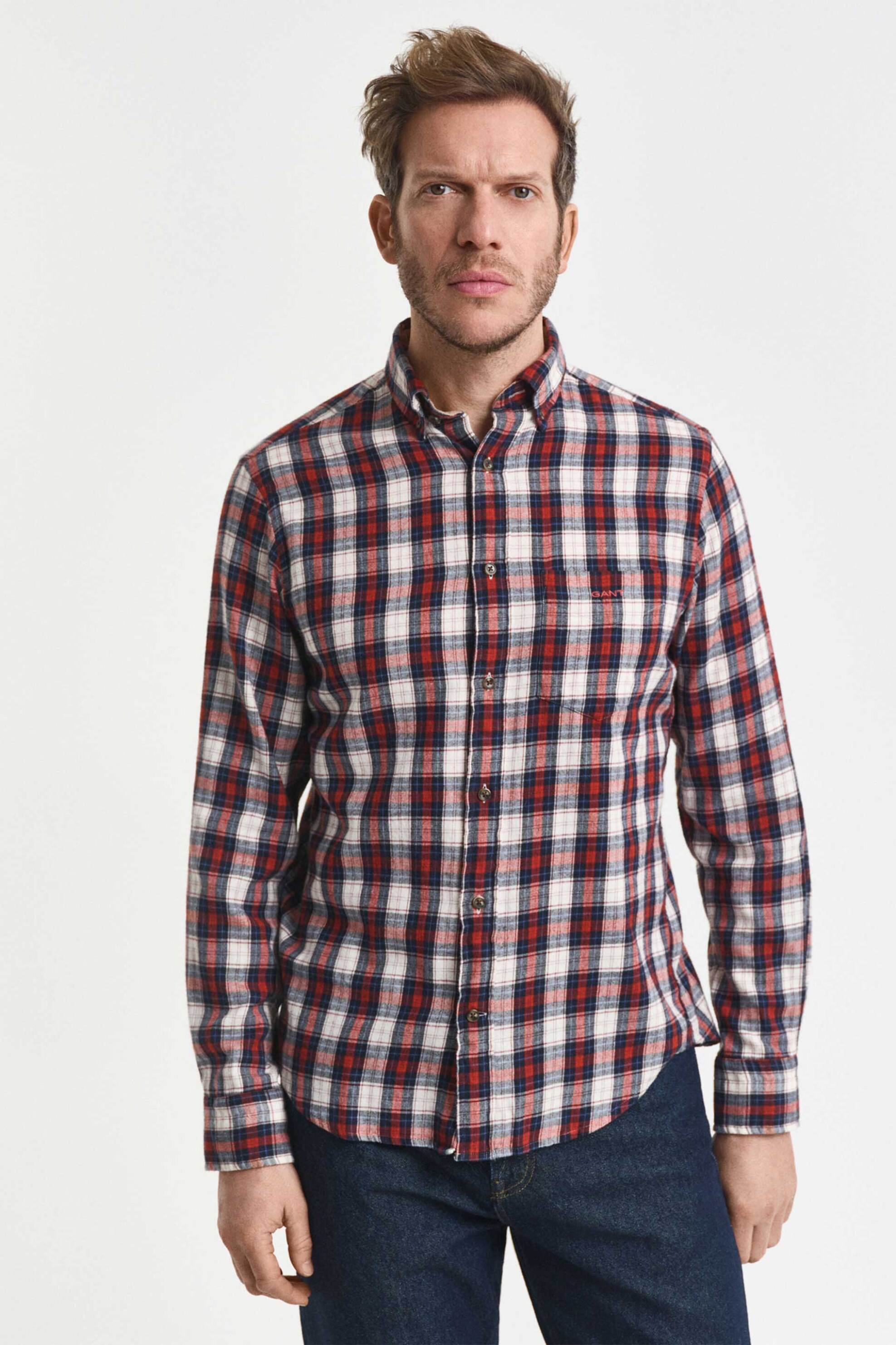 Gant ανδρικό πουκάμισο flannel button down με καρό σχέδιο και τσέπη και κεντημένο λογότυπο Regular Fit - 3250242 Κόκκινο