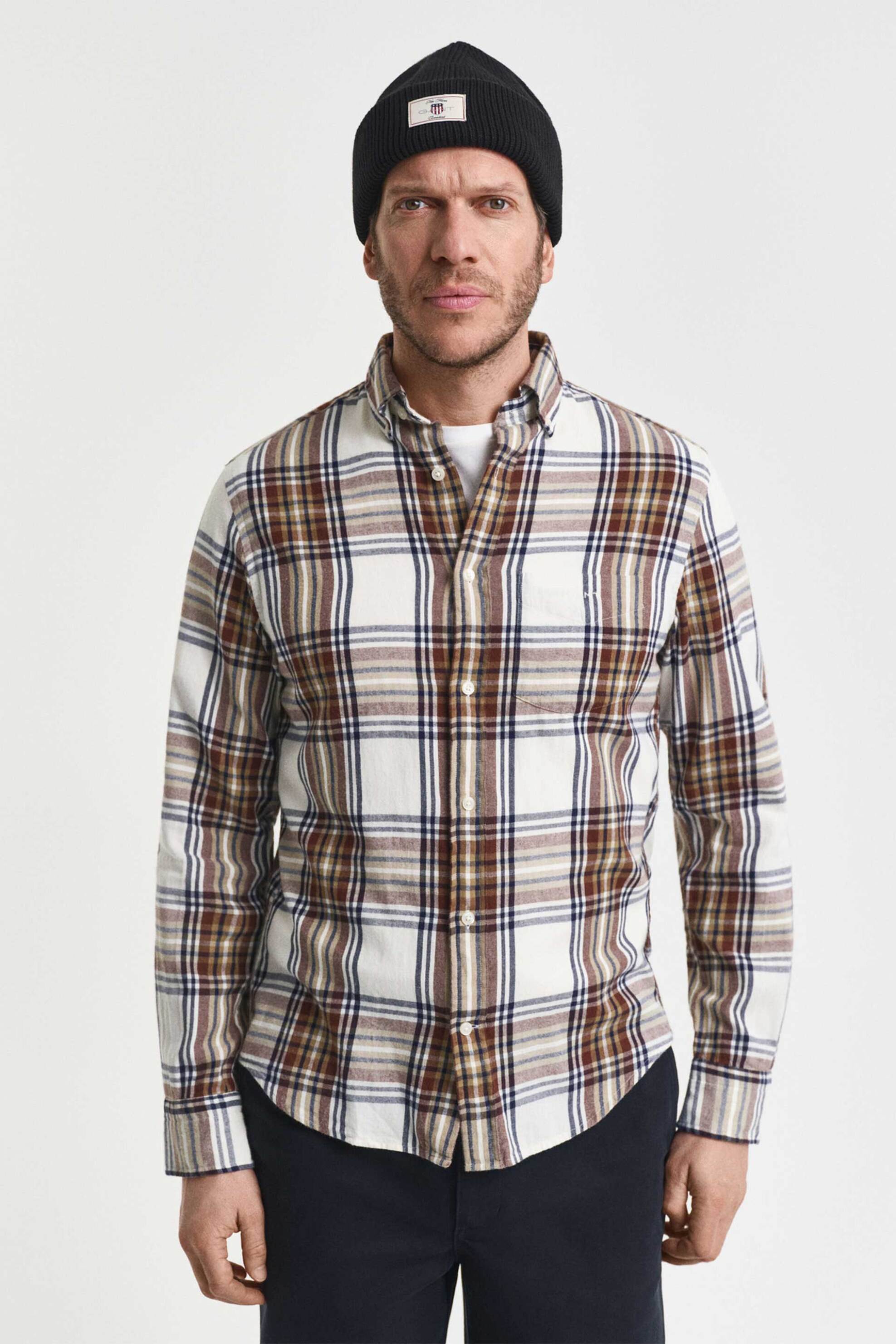 GANT Gant ανδρικό πουκάμισο flannel button down με καρό σχέδιο και τσέπη και κεντημένο λογότυπο Regular Fit - 3250243 Κρέμ