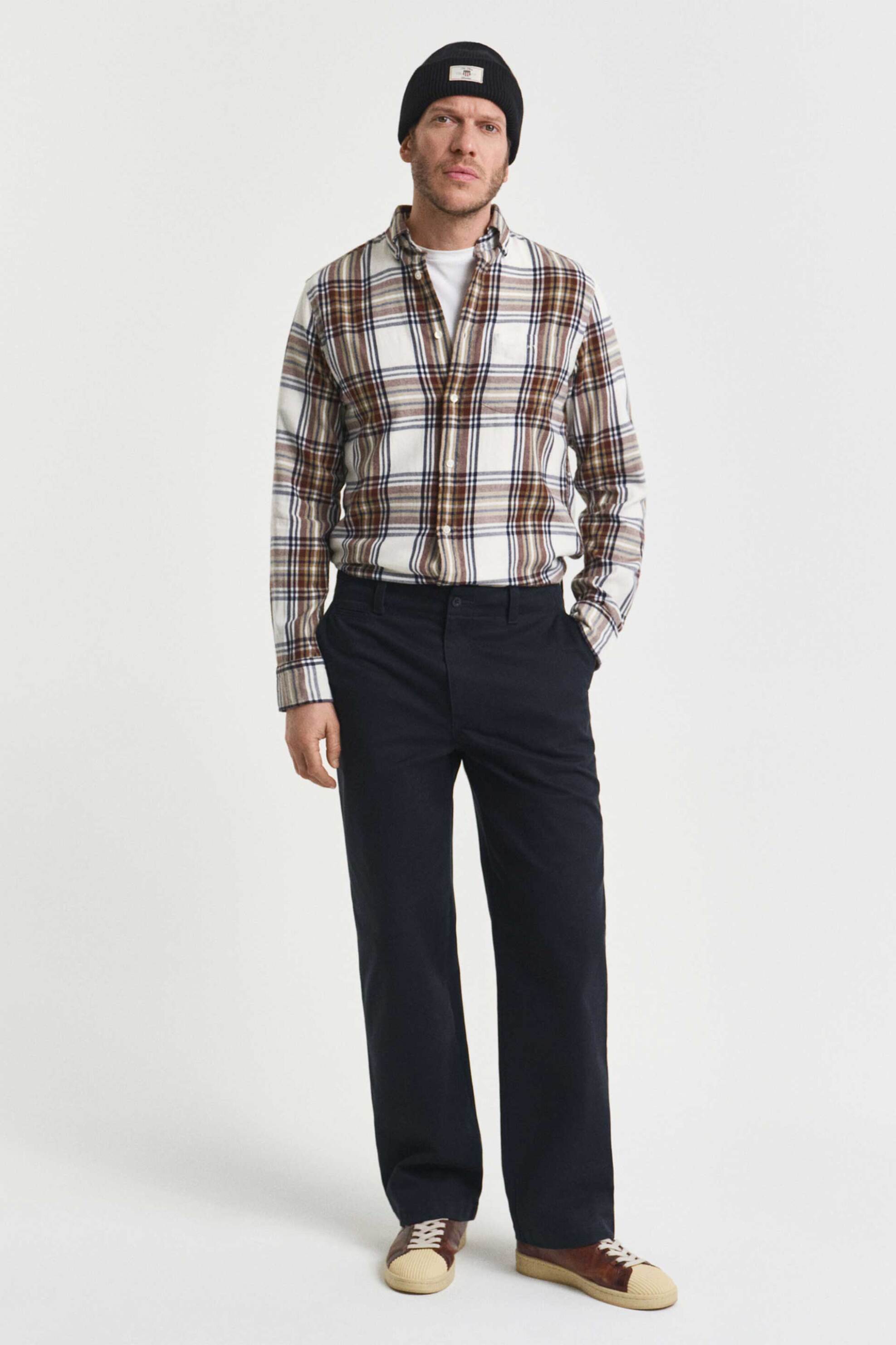 Gant ανδρικό πουκάμισο flannel button down με καρό σχέδιο και τσέπη και κεντημένο λογότυπο Regular Fit - 3250243 Κρέμ φωτογραφία