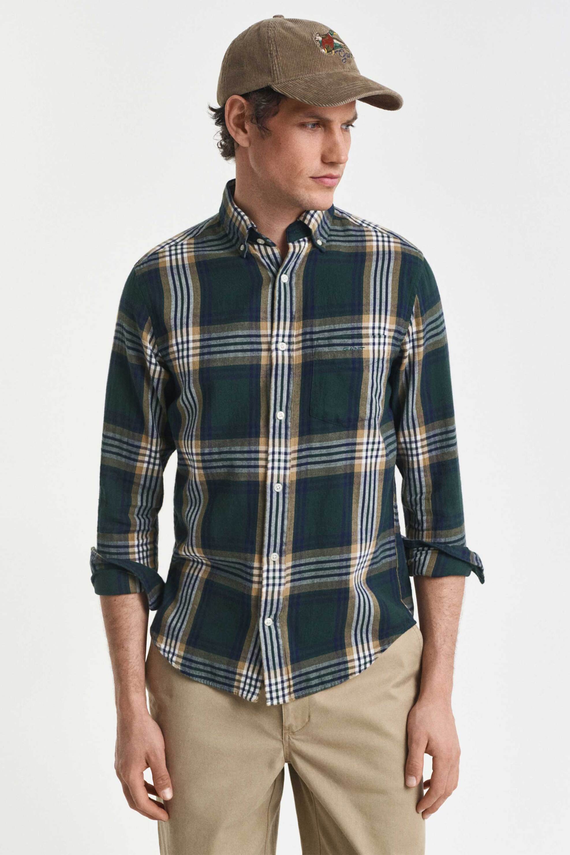 Gant ανδρικό πουκάμισο flannel button down με καρό σχέδιο και τσέπη και κεντημένο λογότυπο Regular Fit - 3250243 Πράσινο Σκούρο