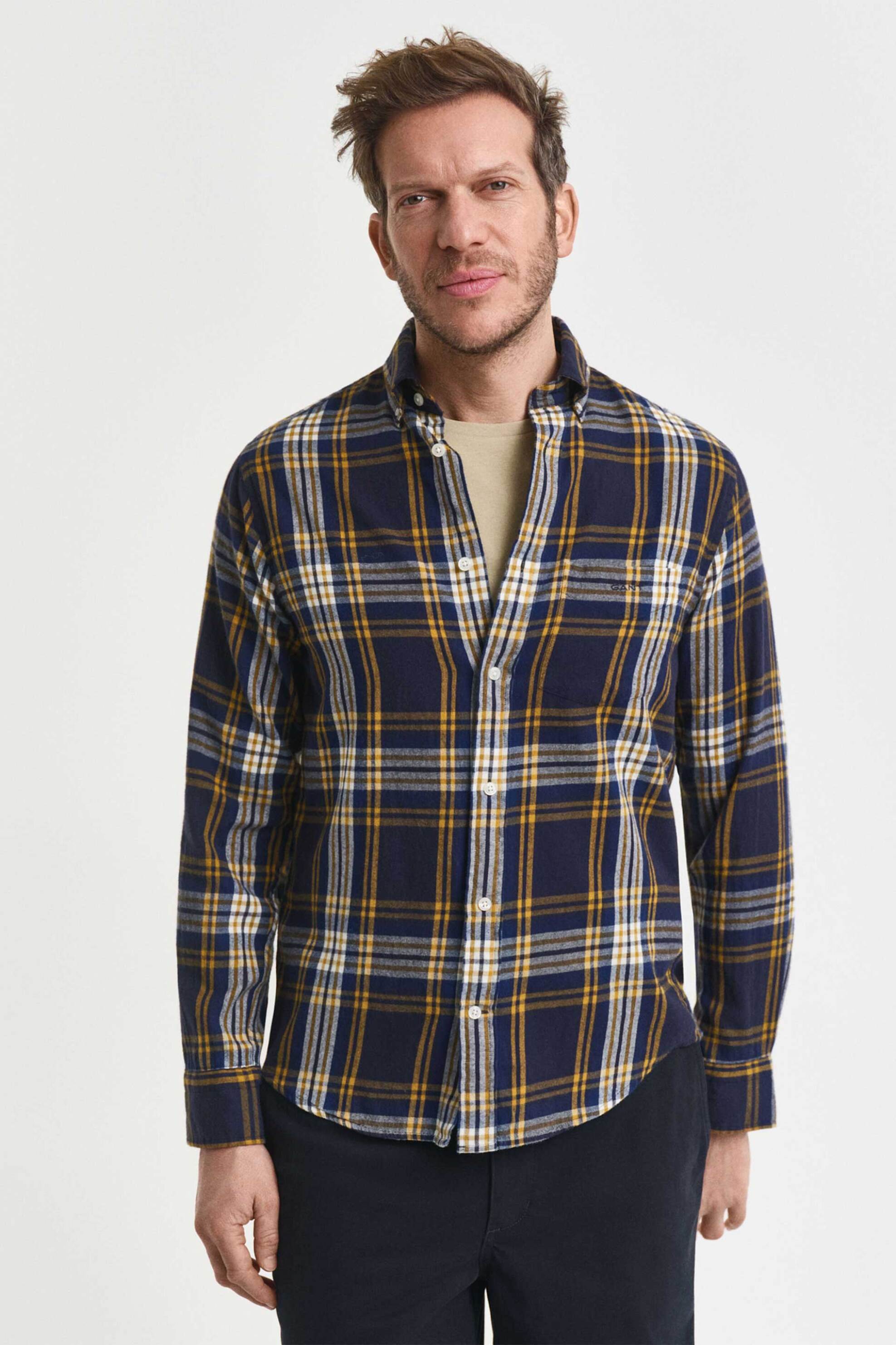 Gant ανδρικό πουκάμισο flannel button down με καρό σχέδιο και τσέπη και κεντημένο λογότυπο Regular Fit - 3250243 Μπλε Σκούρο