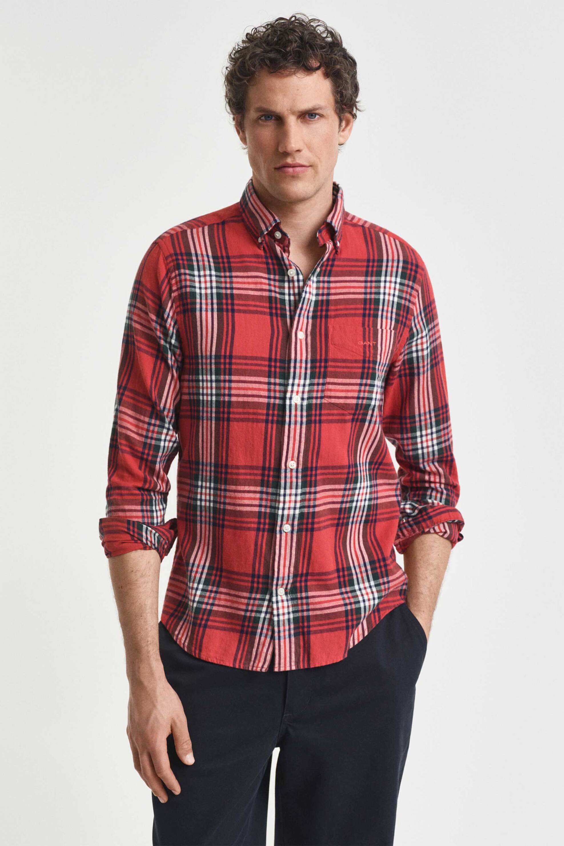 GANT Gant ανδρικό πουκάμισο flannel button down με καρό σχέδιο και τσέπη και κεντημένο λογότυπο Regular Fit - 3250243 Κόκκινο