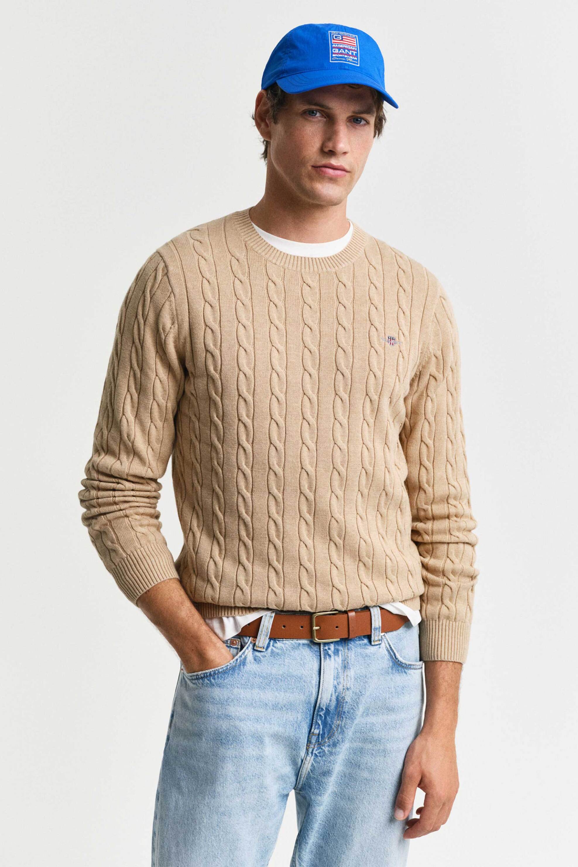 Gant ανδρικό πουλόβερ με cable knit pattern και κεντημένο λογότυπο Regular Fit - 8050601 Καφέ Ανοιχτό