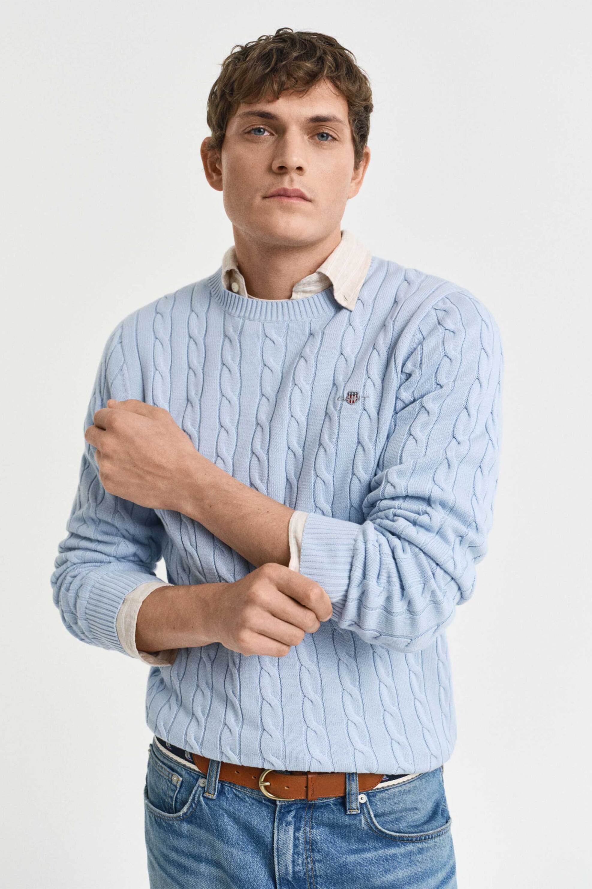 Gant ανδρικό πουλόβερ με cable knit pattern και κεντημένο λογότυπο Regular Fit - 8050601 Μπλε Ανοιχτό