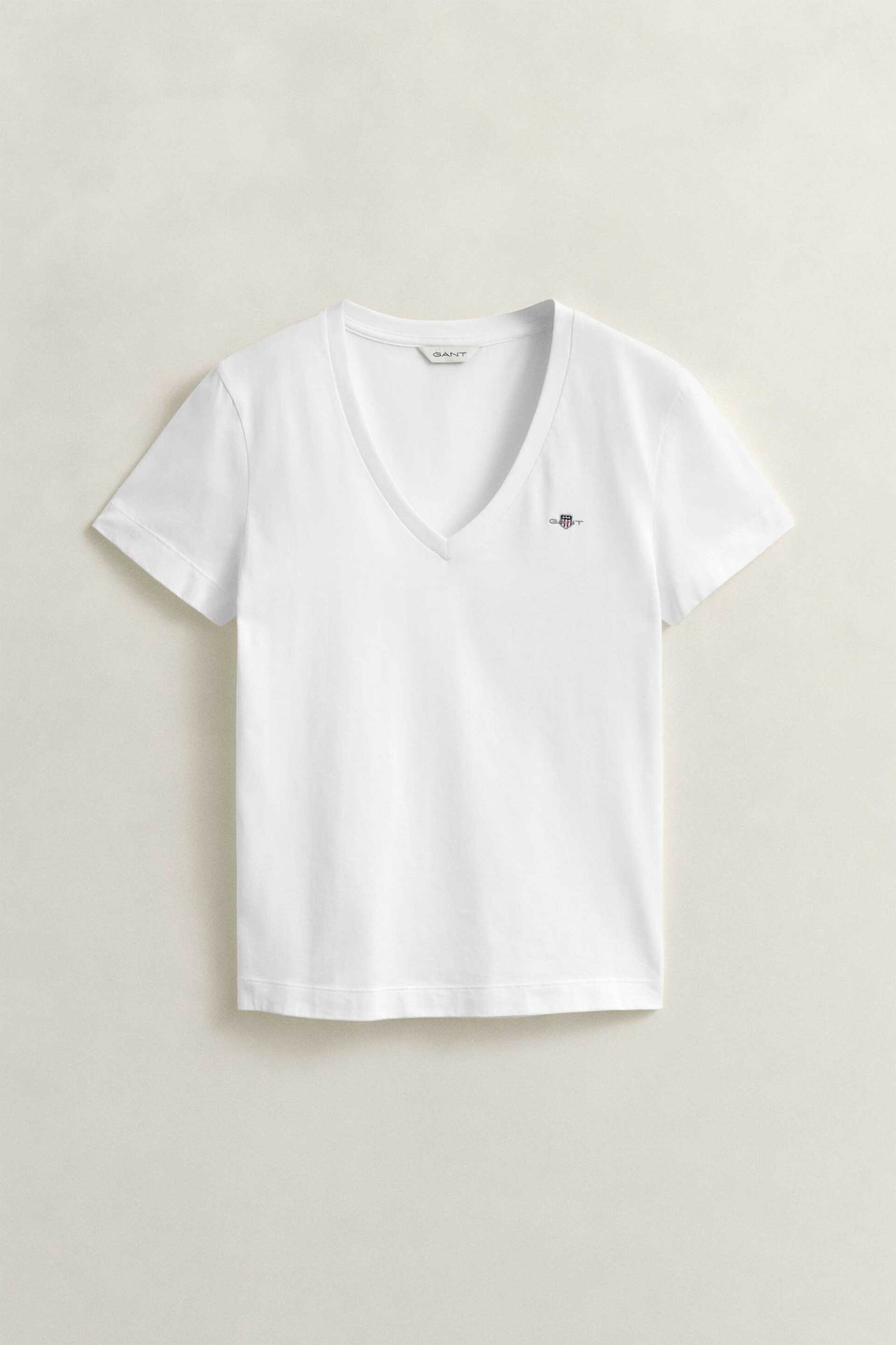 Gant Γυναικείο T-Shirt με V Και Κεντημένο Λογότυπο Regular Fit - 4200750 Λευκό
