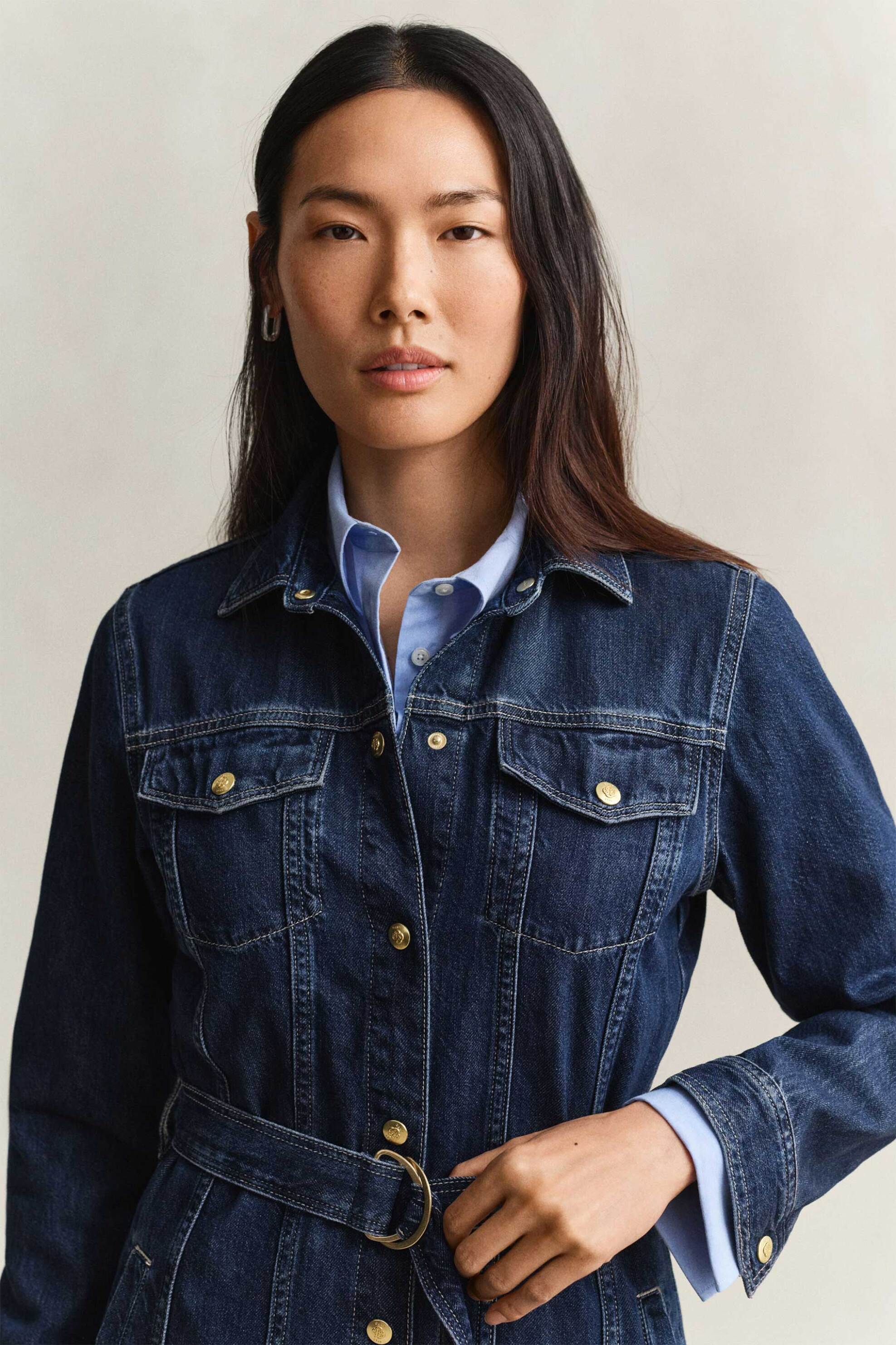 Gant γυναικείο denim midi φόρεμα σεμιζιέ με ζώνη Regular Fit - 4503542 Denim Blue Σκούρο